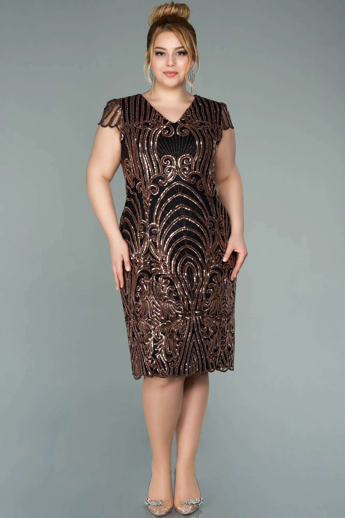 Black-Gold-Short Laced Oversized Evening Dress ABK1283