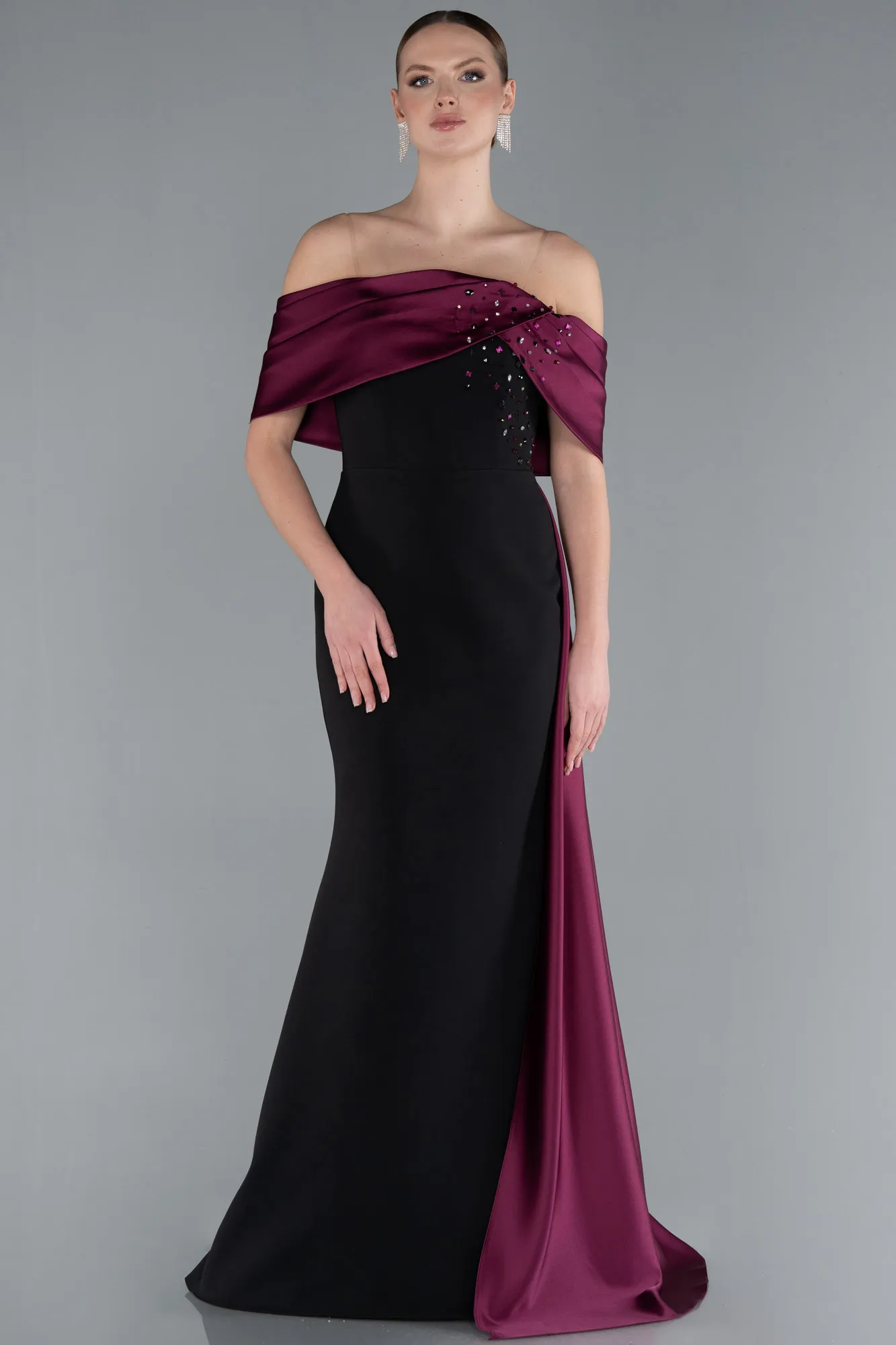 Black-Plum-Satin Stone Boat Neck Tail Long Evening Gown ABU4728