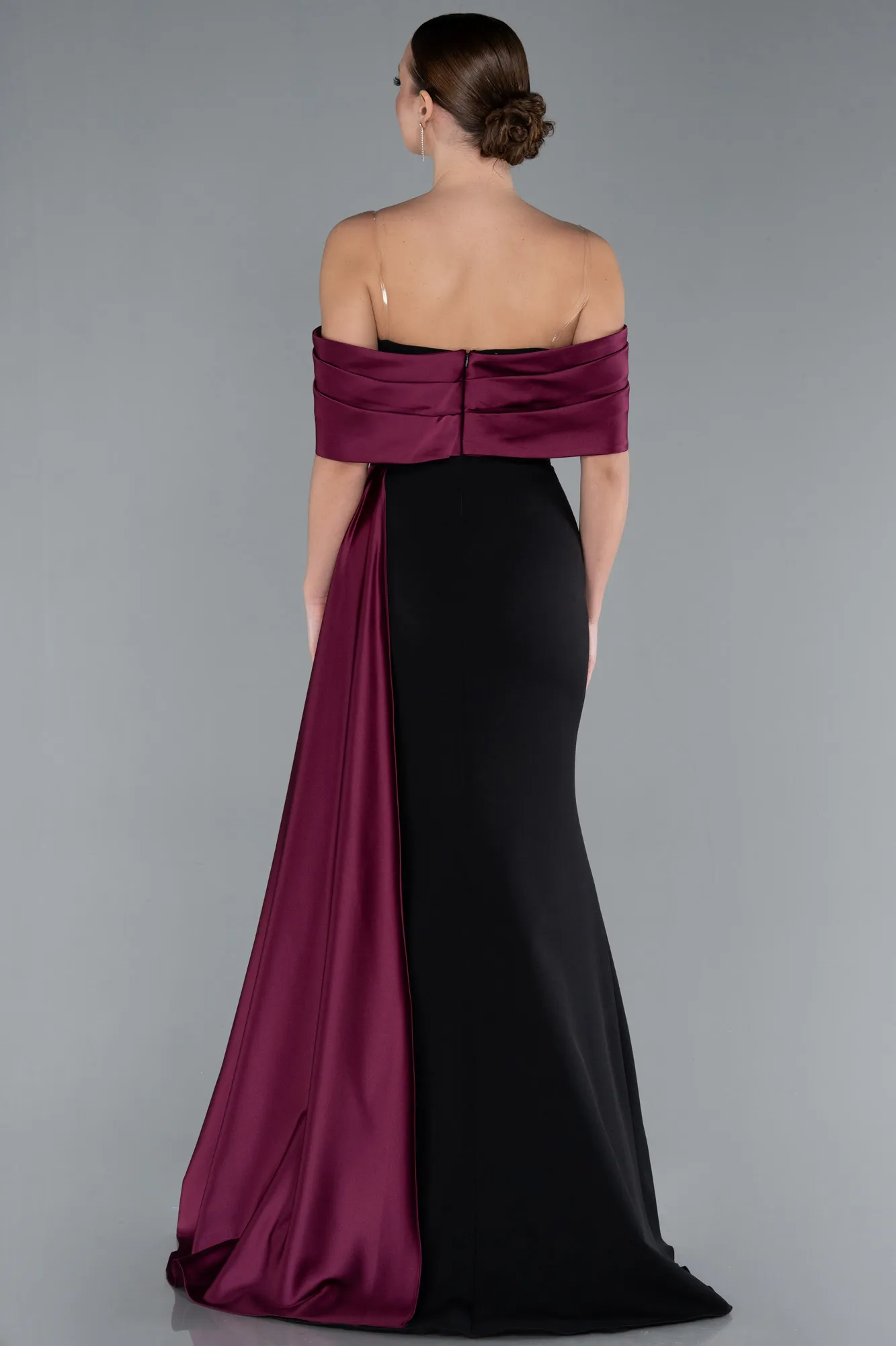 Black-Plum-Satin Stone Boat Neck Tail Long Evening Gown ABU4728