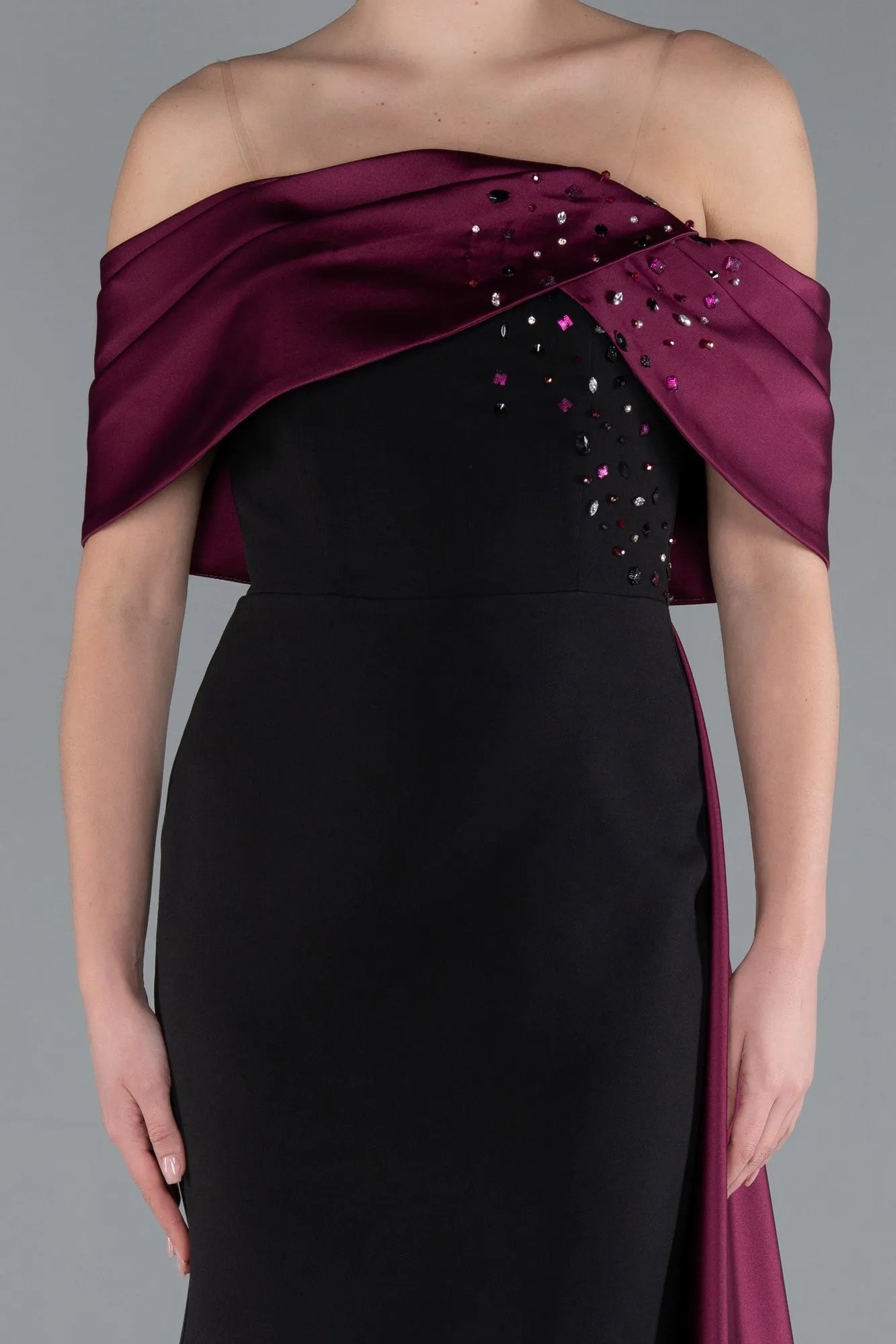 Black-Plum-Satin Stone Boat Neck Tail Long Evening Gown ABU4728