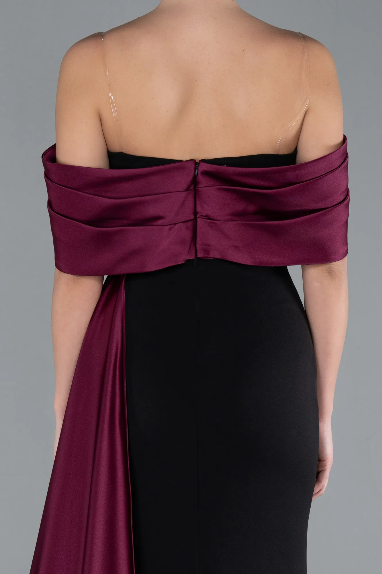 Black-Plum-Satin Stone Boat Neck Tail Long Evening Gown ABU4728