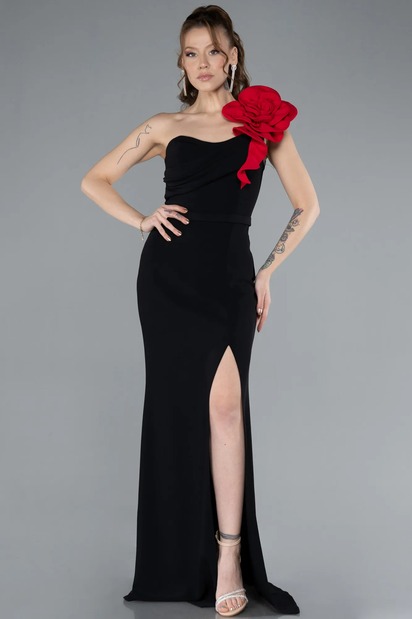 Black-Red-Rose One Shoulder Slit Long Evening Gown ABU4695