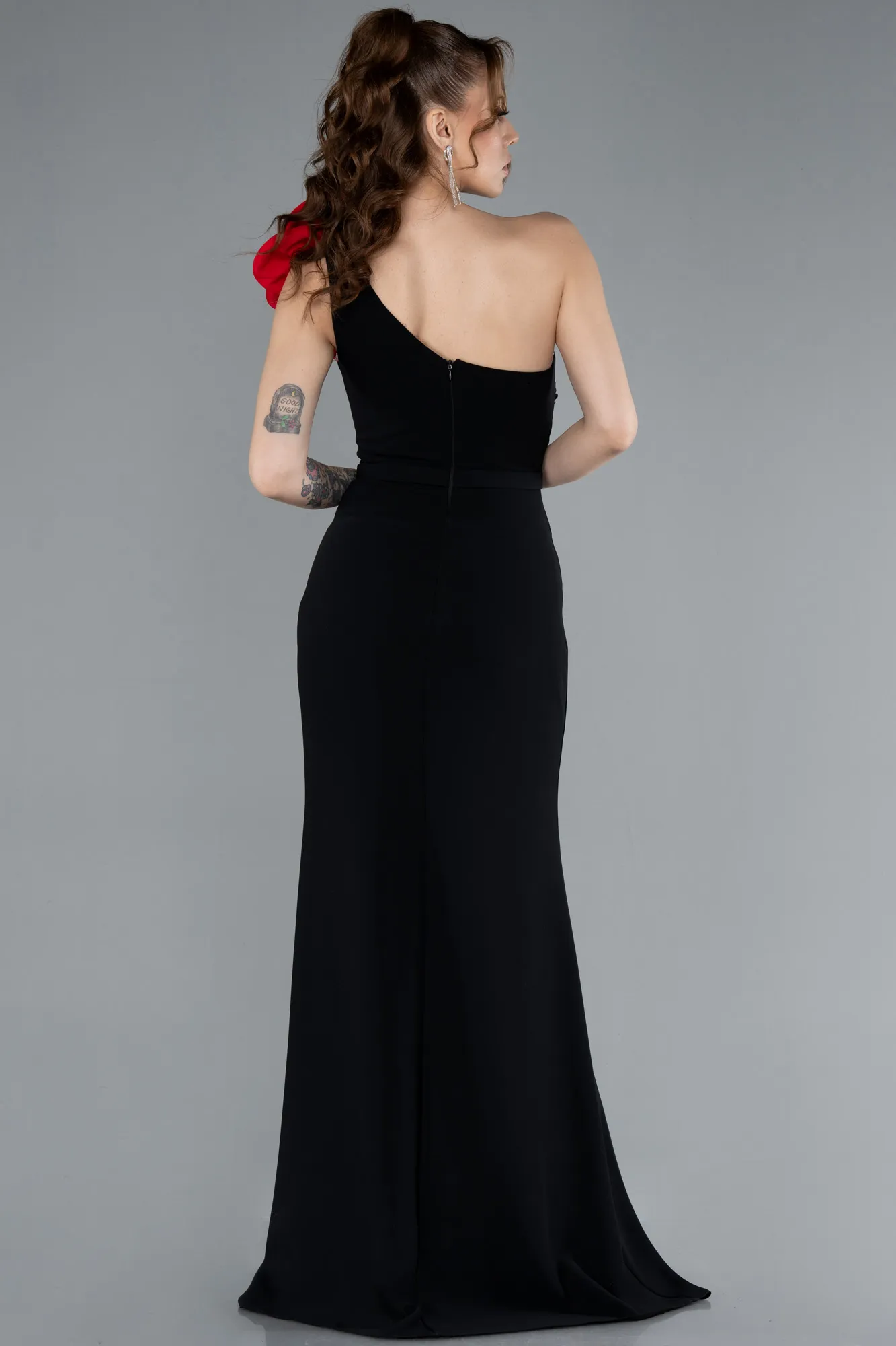 Black-Red-Rose One Shoulder Slit Long Evening Gown ABU4695