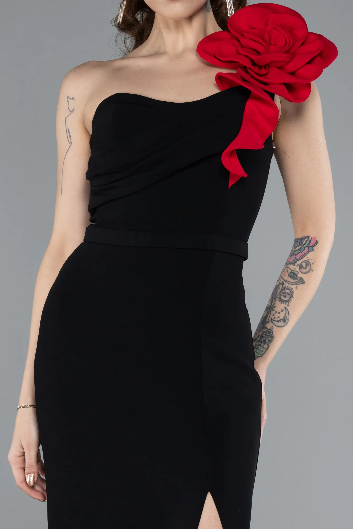 Black-Red-Rose One Shoulder Slit Long Evening Gown ABU4695