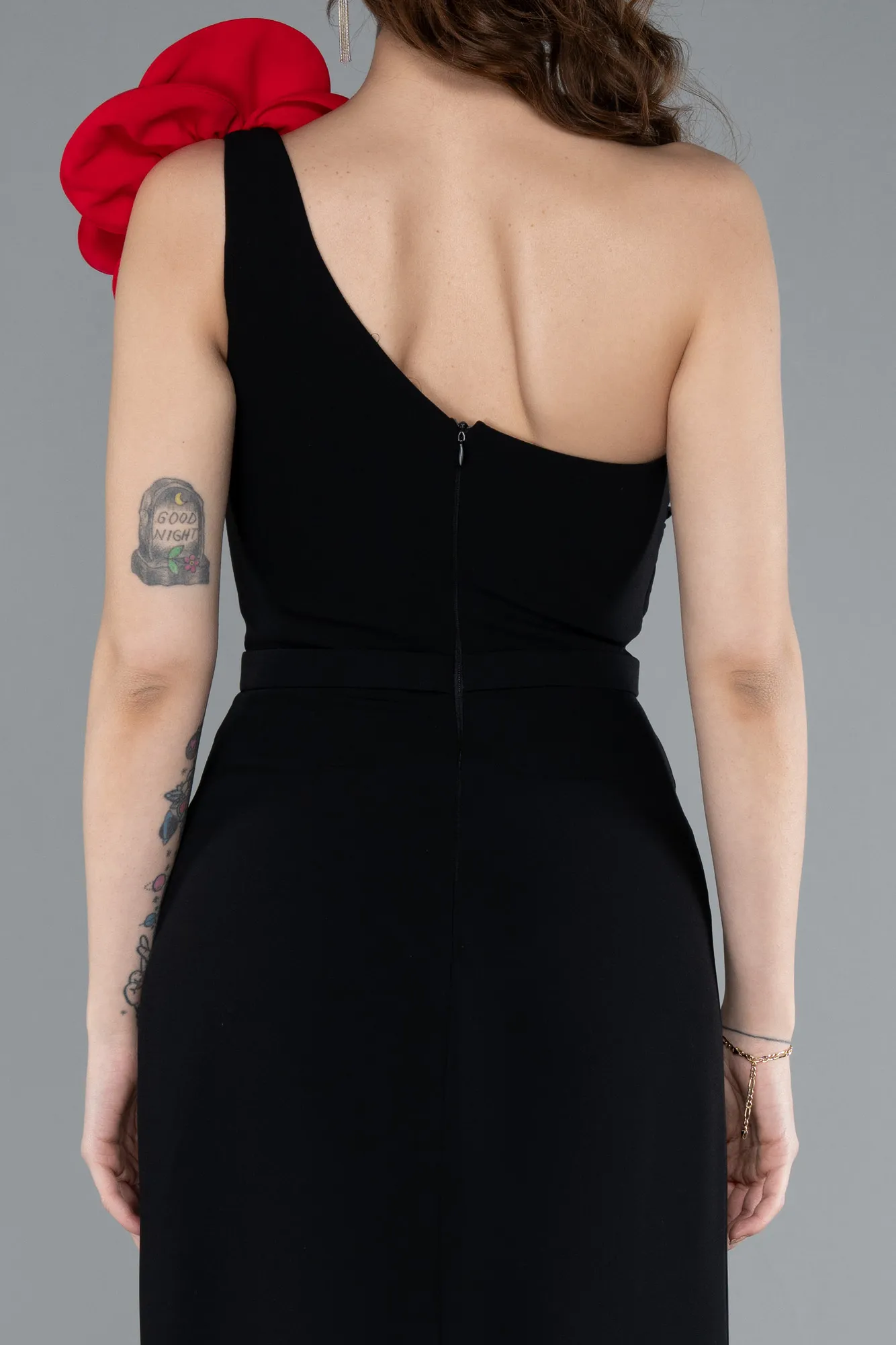 Black-Red-Rose One Shoulder Slit Long Evening Gown ABU4695