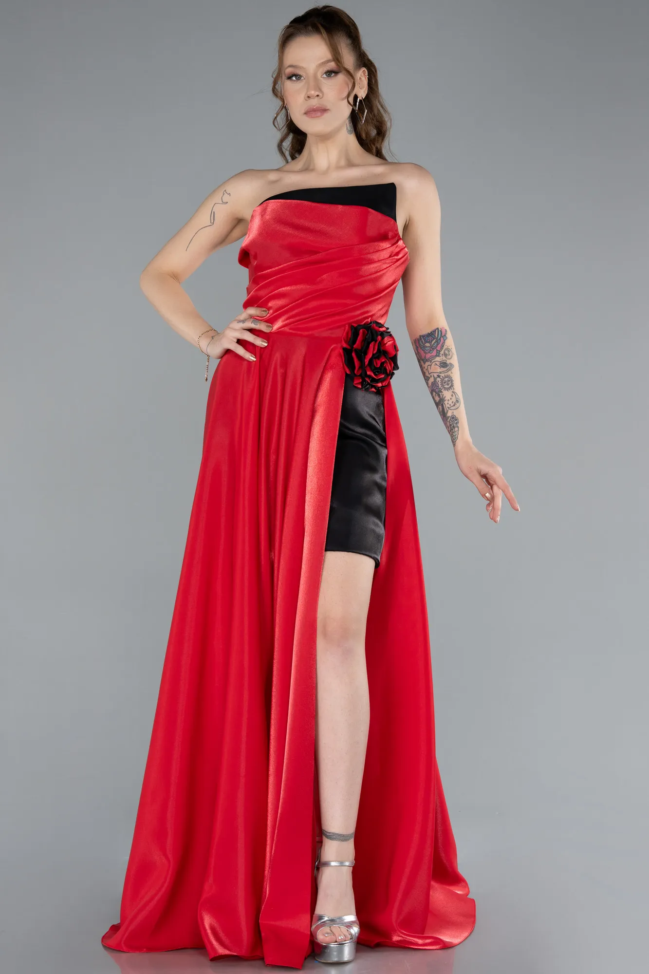 Black-Red-Strapless Slit Long Satin Evening Gown ABU4705