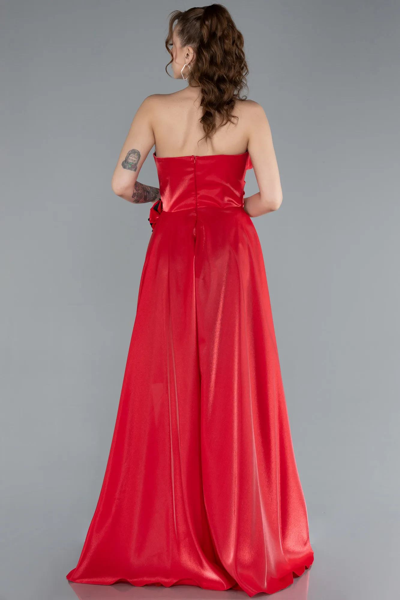 Black-Red-Strapless Slit Long Satin Evening Gown ABU4705