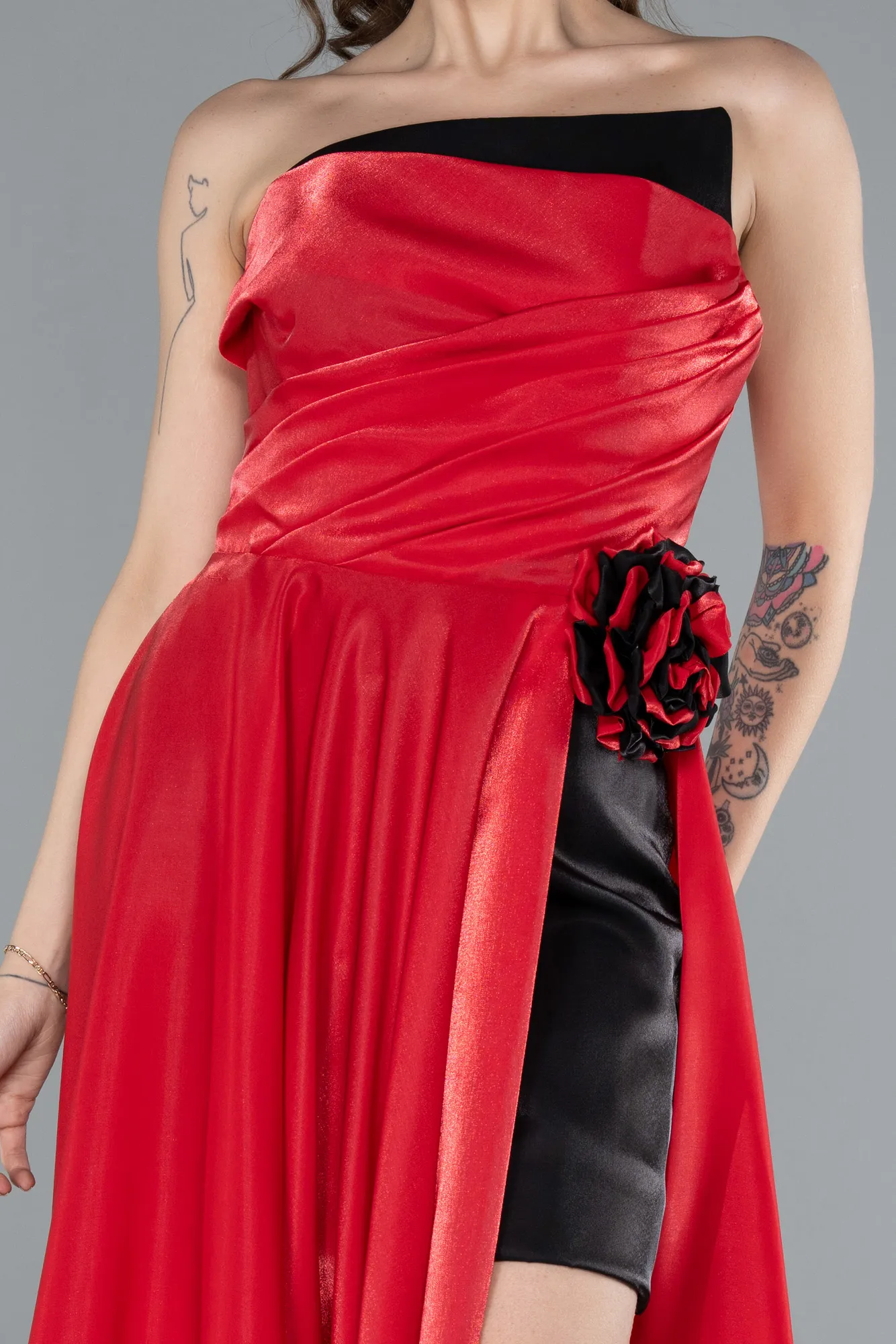 Black-Red-Strapless Slit Long Satin Evening Gown ABU4705