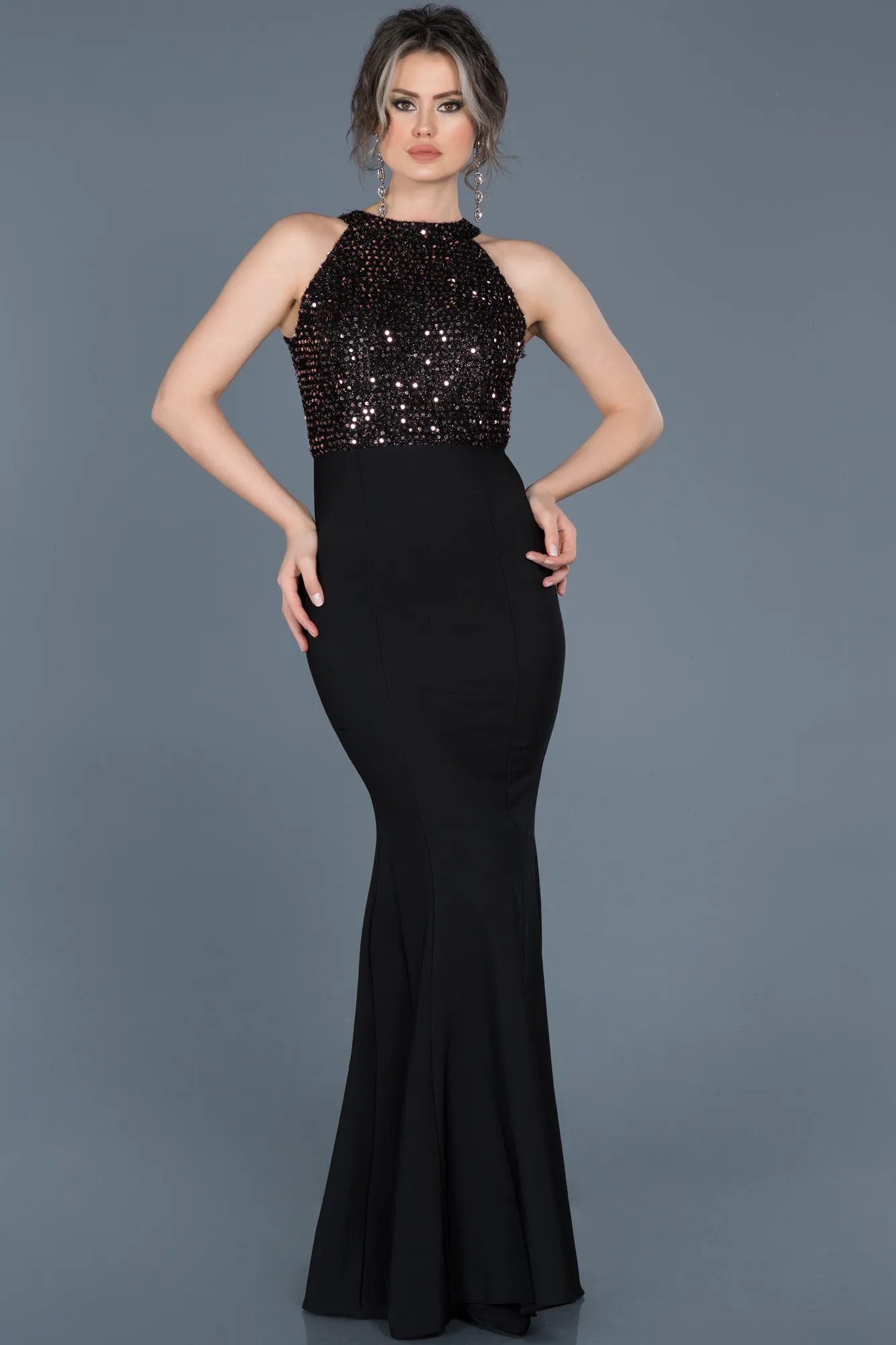 Black-Salmon-Long Mermaid Evening Dress ABU608