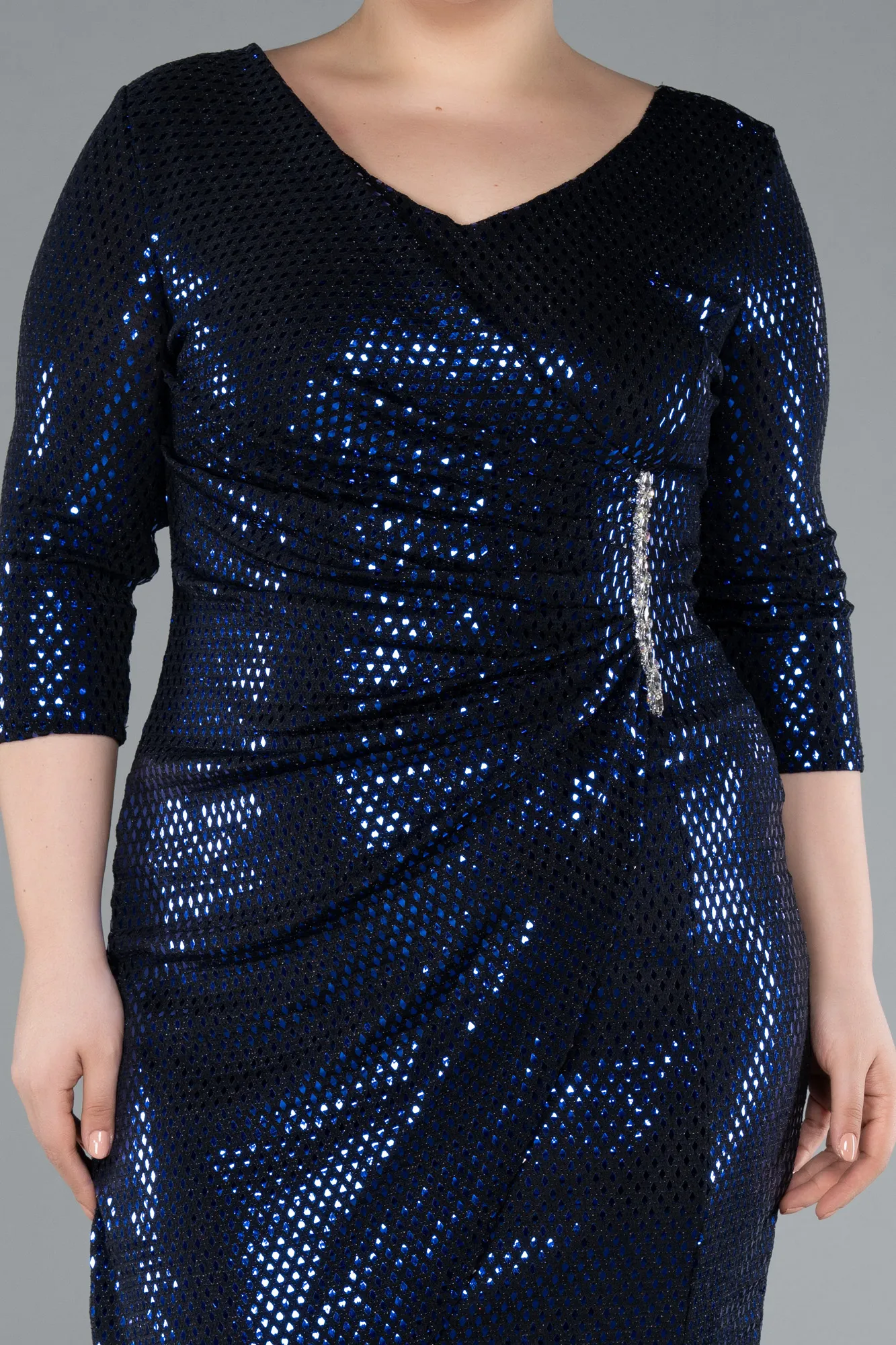 Black-Sax Blue-Capri Sleeve V Neck Sequined Midi Plus Size Evening Dress ABK2329