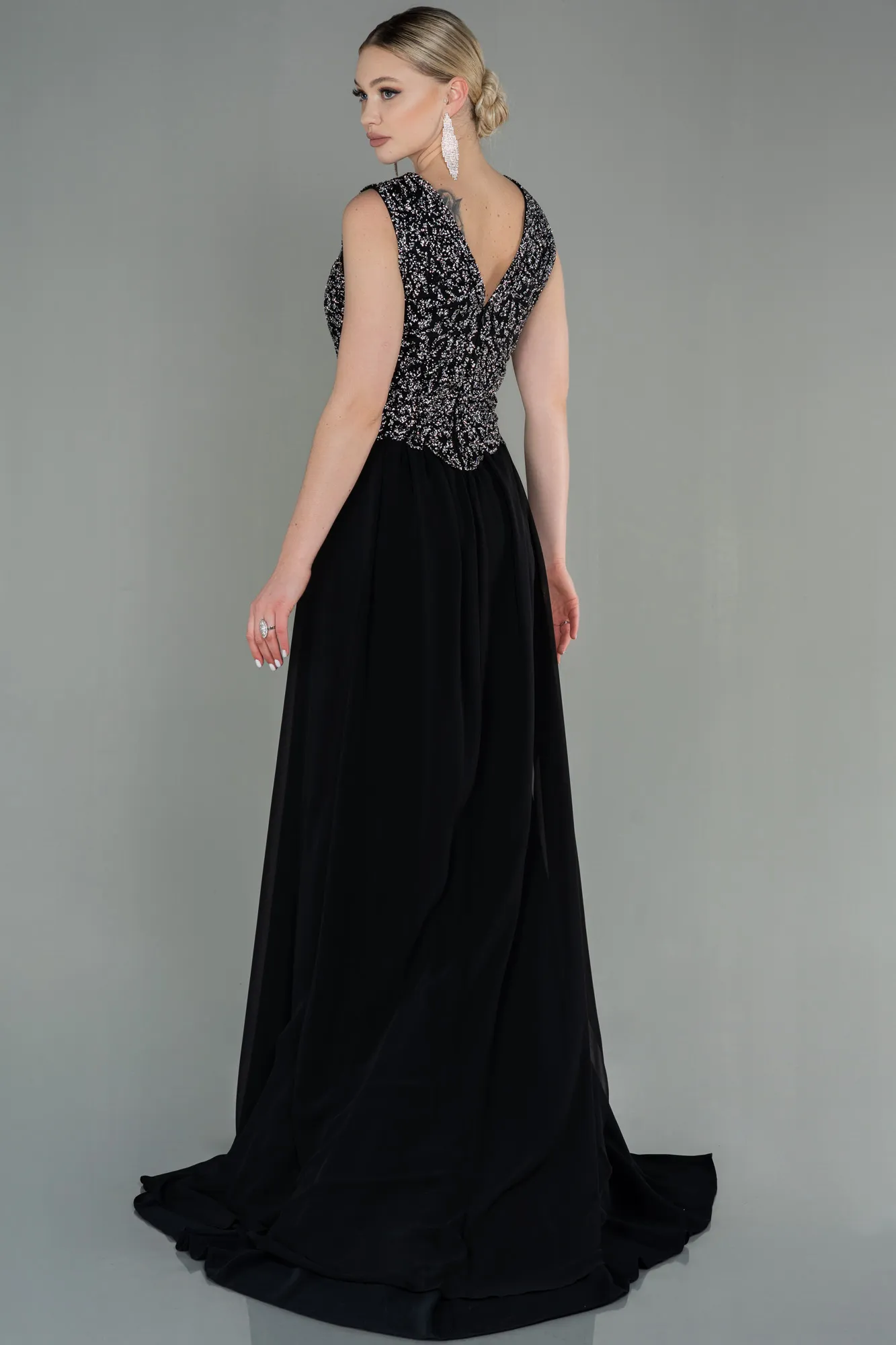 Black-Silver-Long Chiffon Mermaid Evening Dress ABU2946