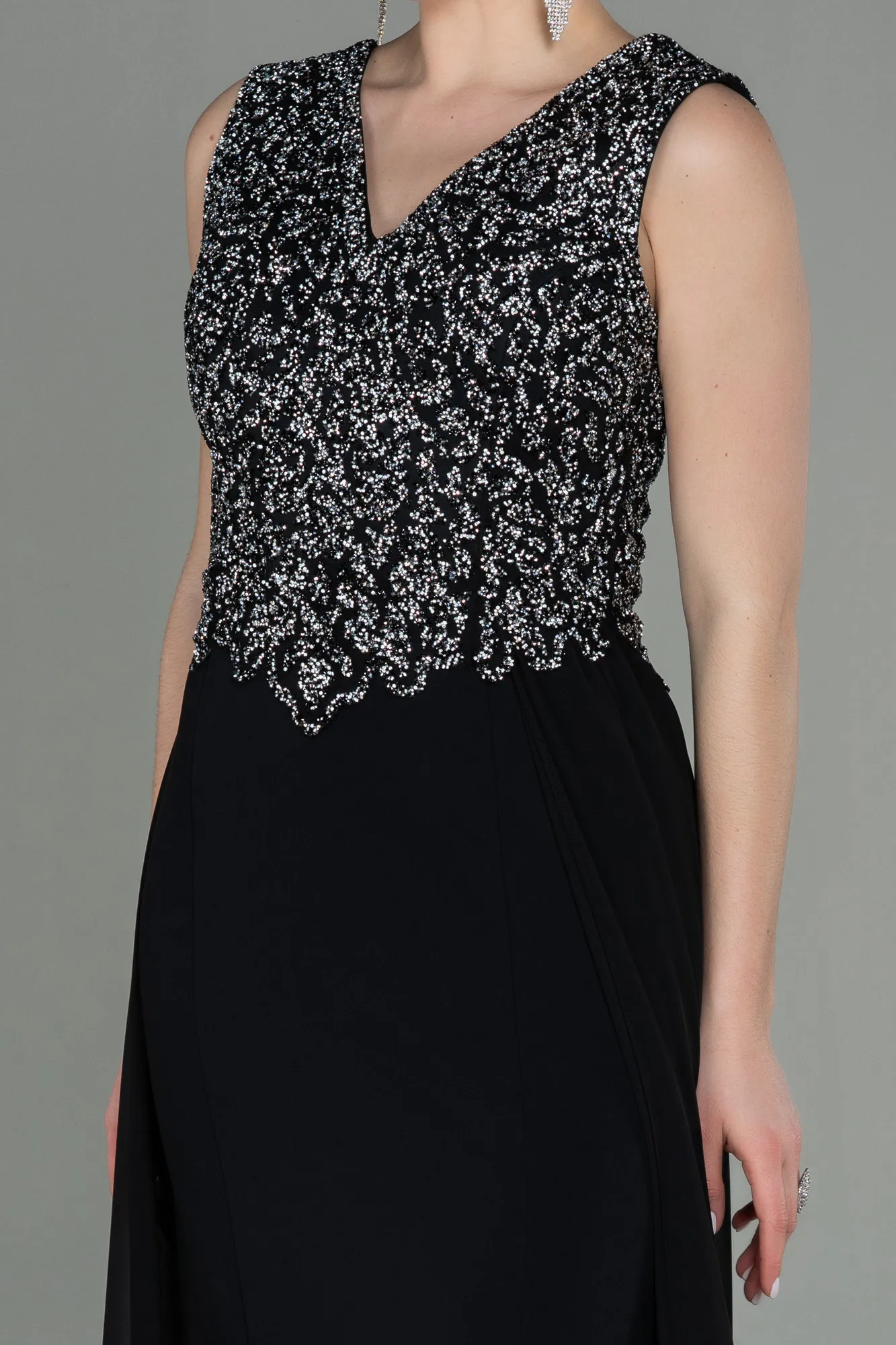 Black-Silver-Long Chiffon Mermaid Evening Dress ABU2946