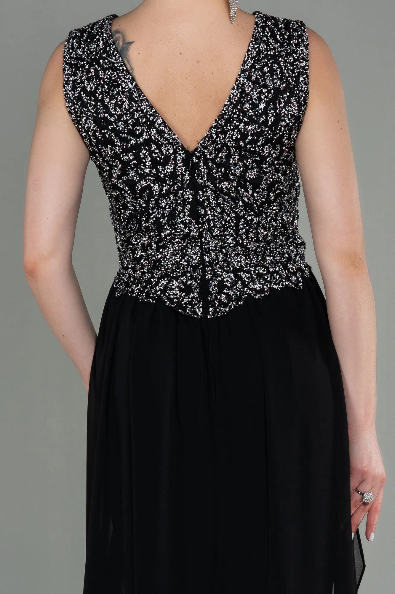 Black-Silver-Long Chiffon Mermaid Evening Dress ABU2946