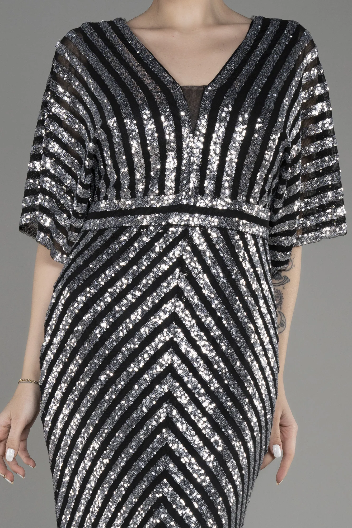 Black-Silver-Long Plus Size Evening Dress ABU2309