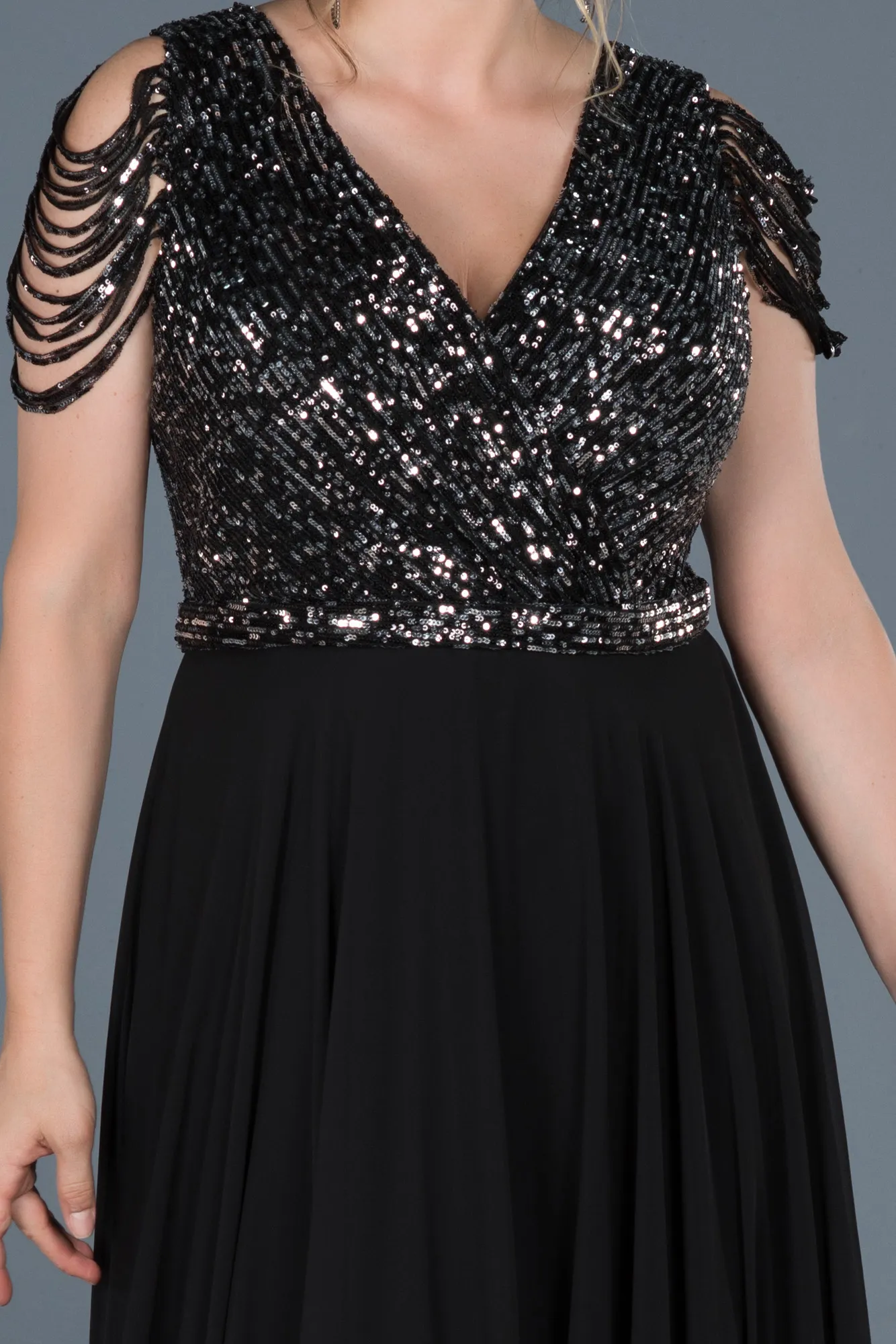 Black-Silver-Long Plus Size Evening Dress ABU828