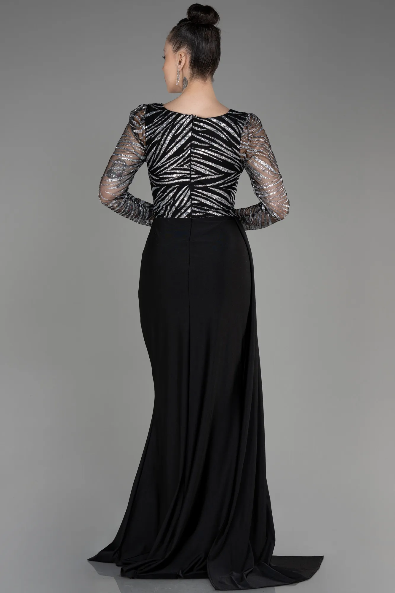 Black-Silver-Long Sleeve Evening Dress ABU3834