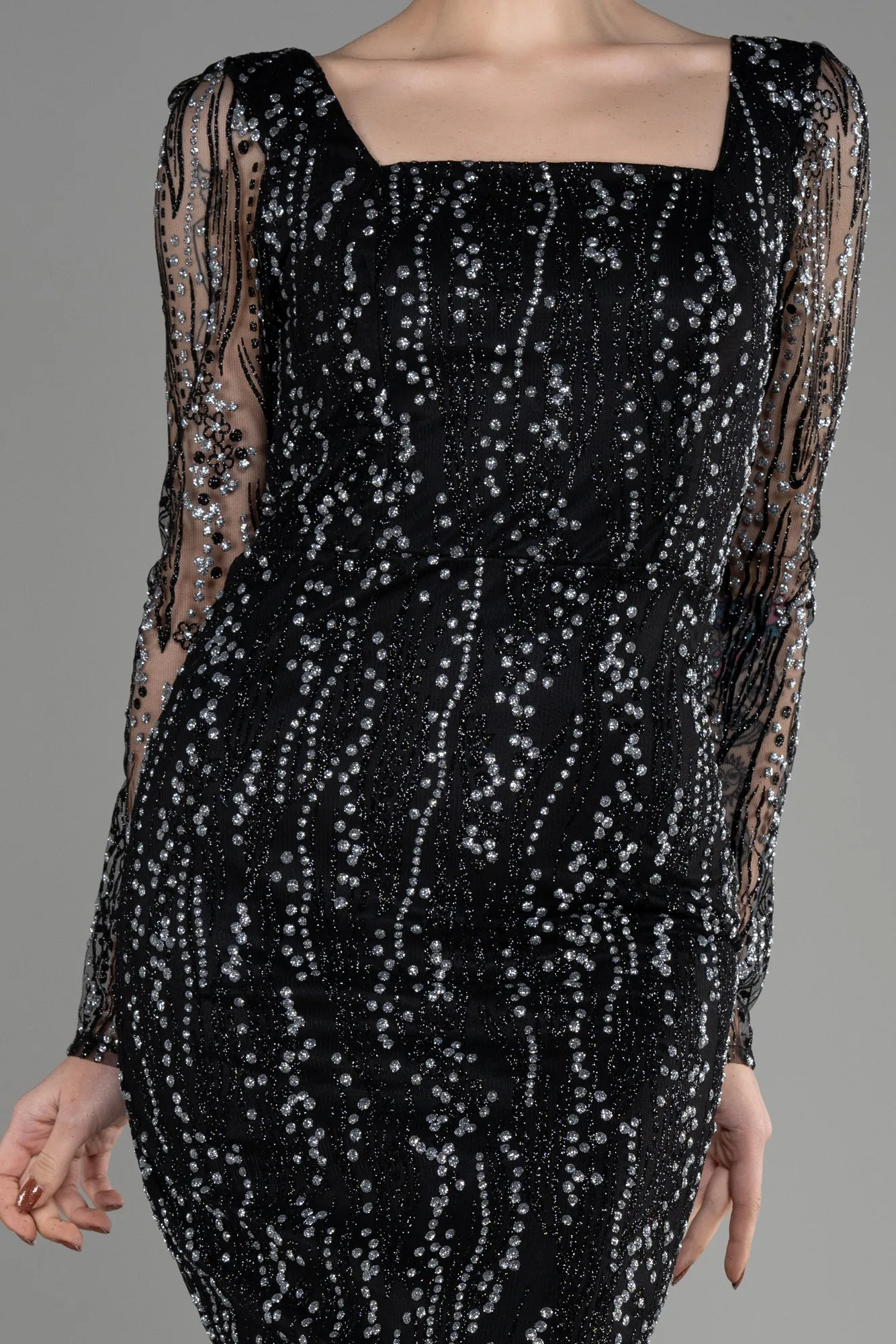 Black-Silver-Long Sleeve Midi Cocktail Dress ABK2025