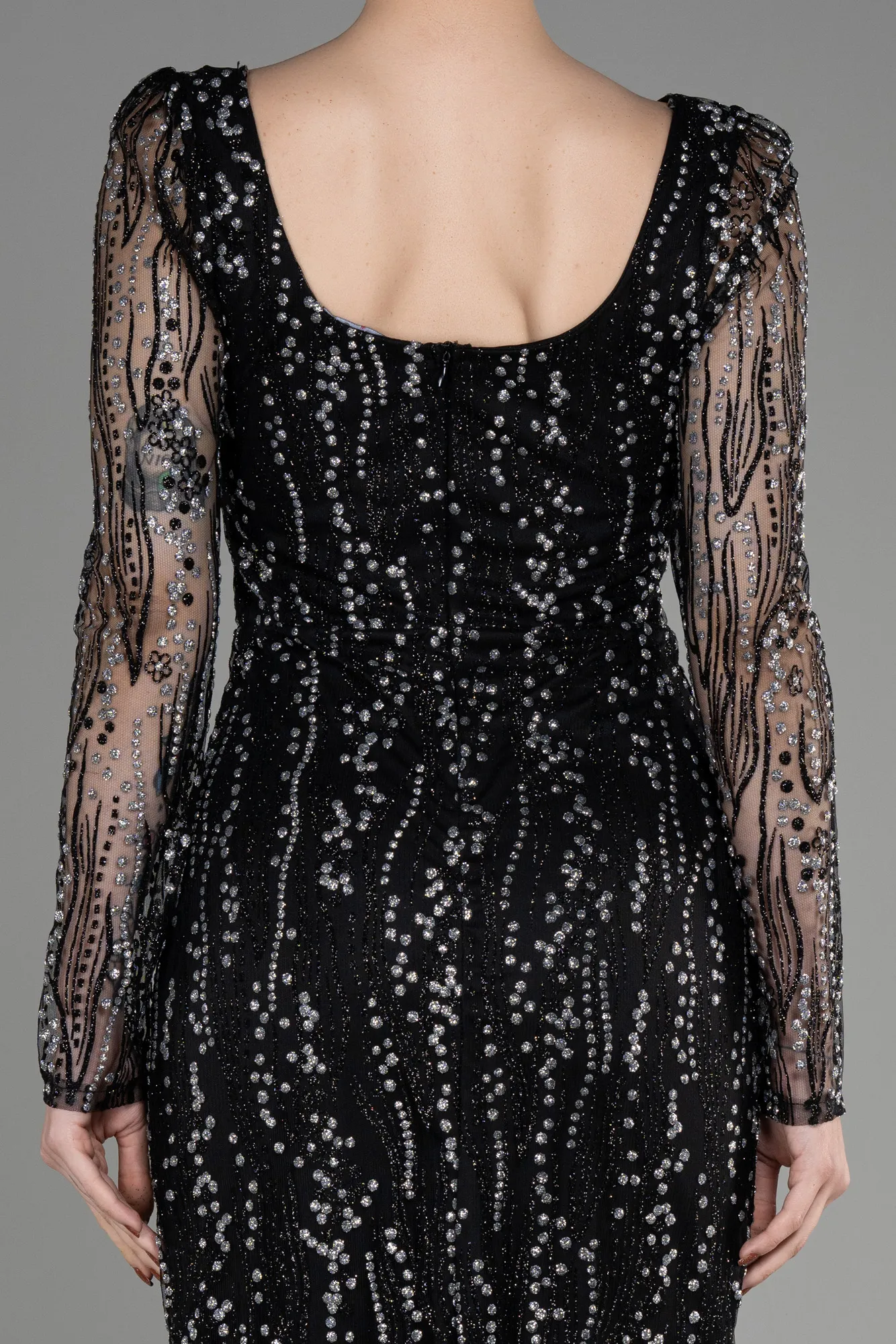 Black-Silver-Long Sleeve Midi Cocktail Dress ABK2025