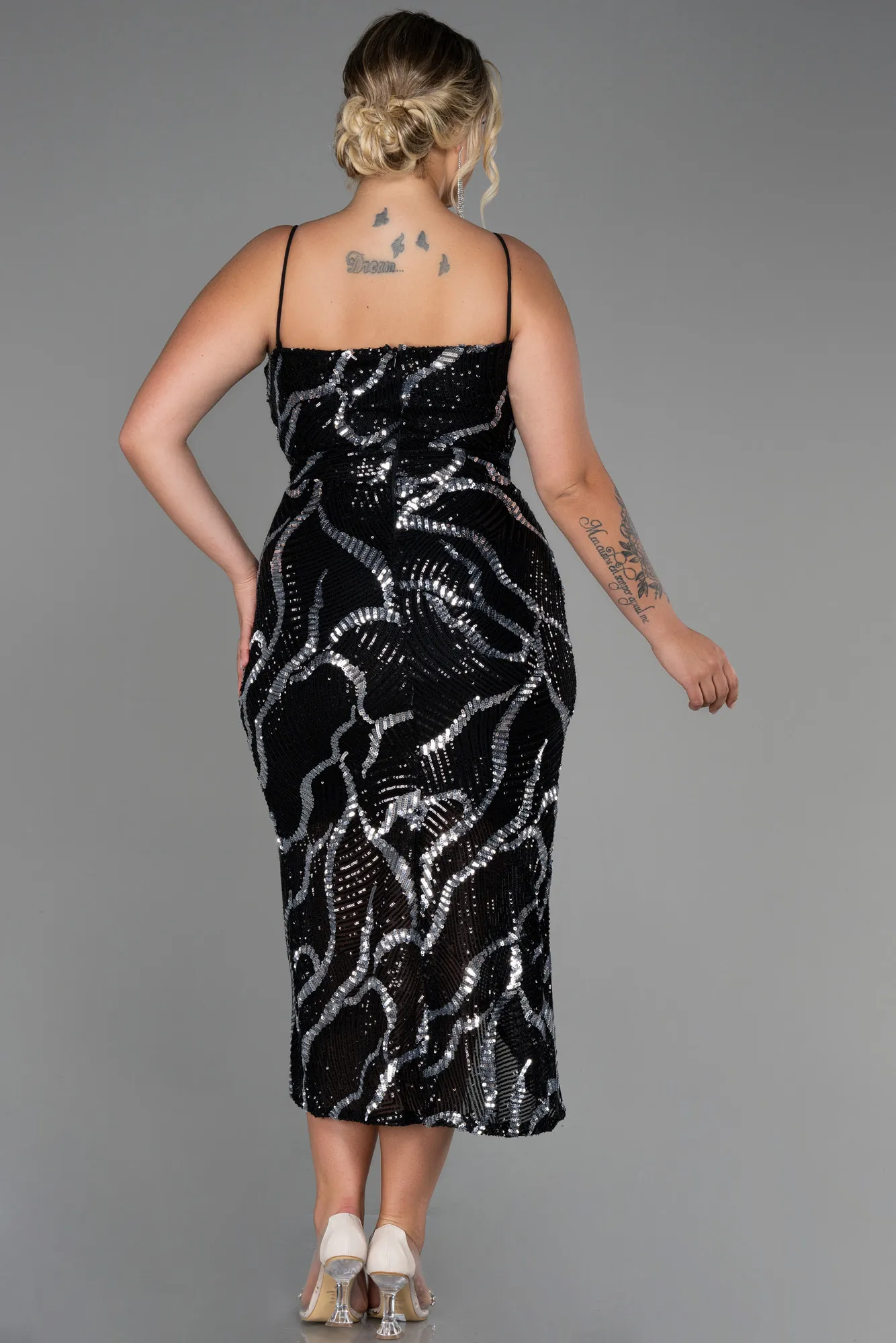 Black-Silver-Midi Plus Size Evening Dress ABK1349