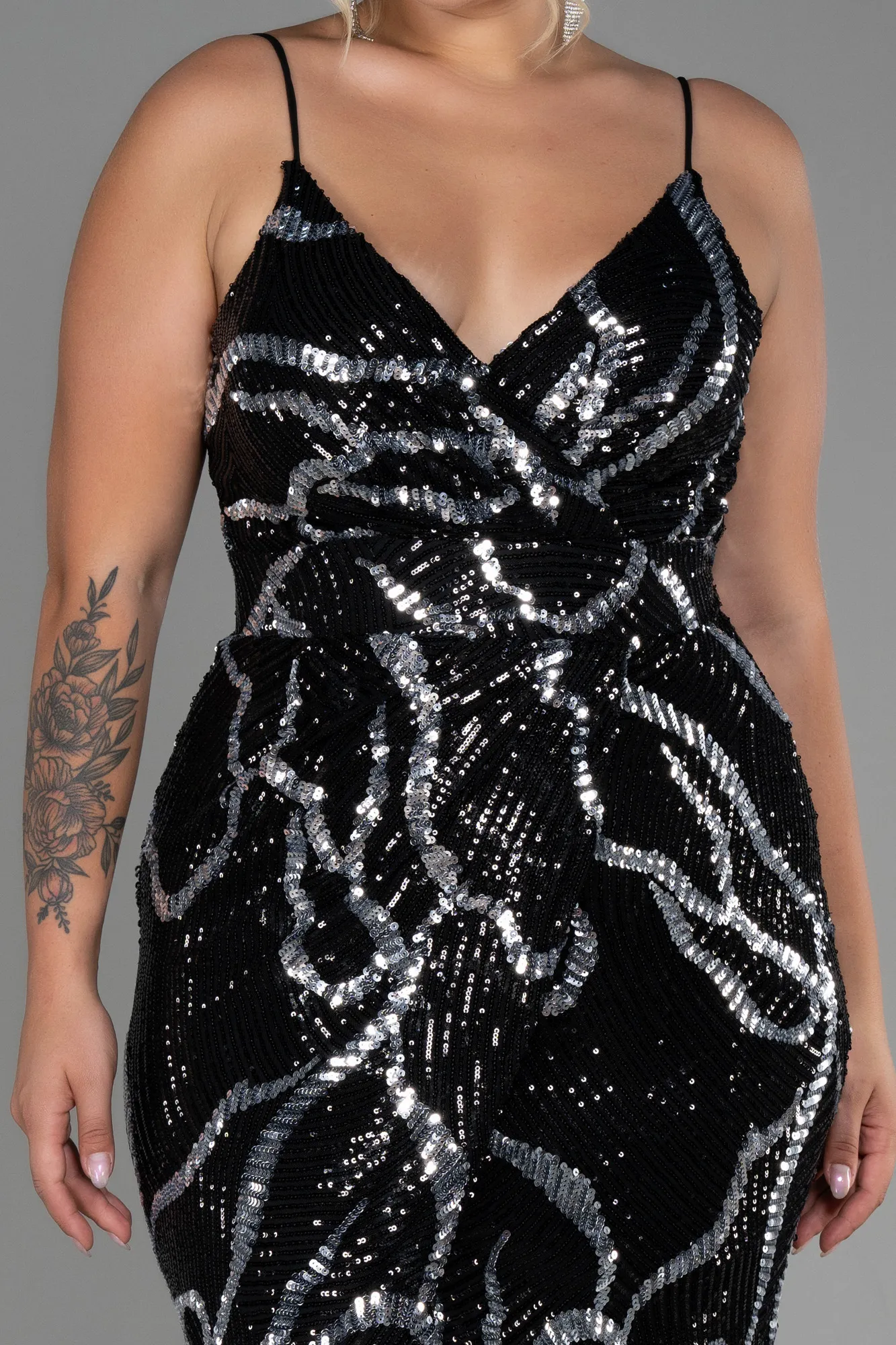 Black-Silver-Midi Plus Size Evening Dress ABK1349