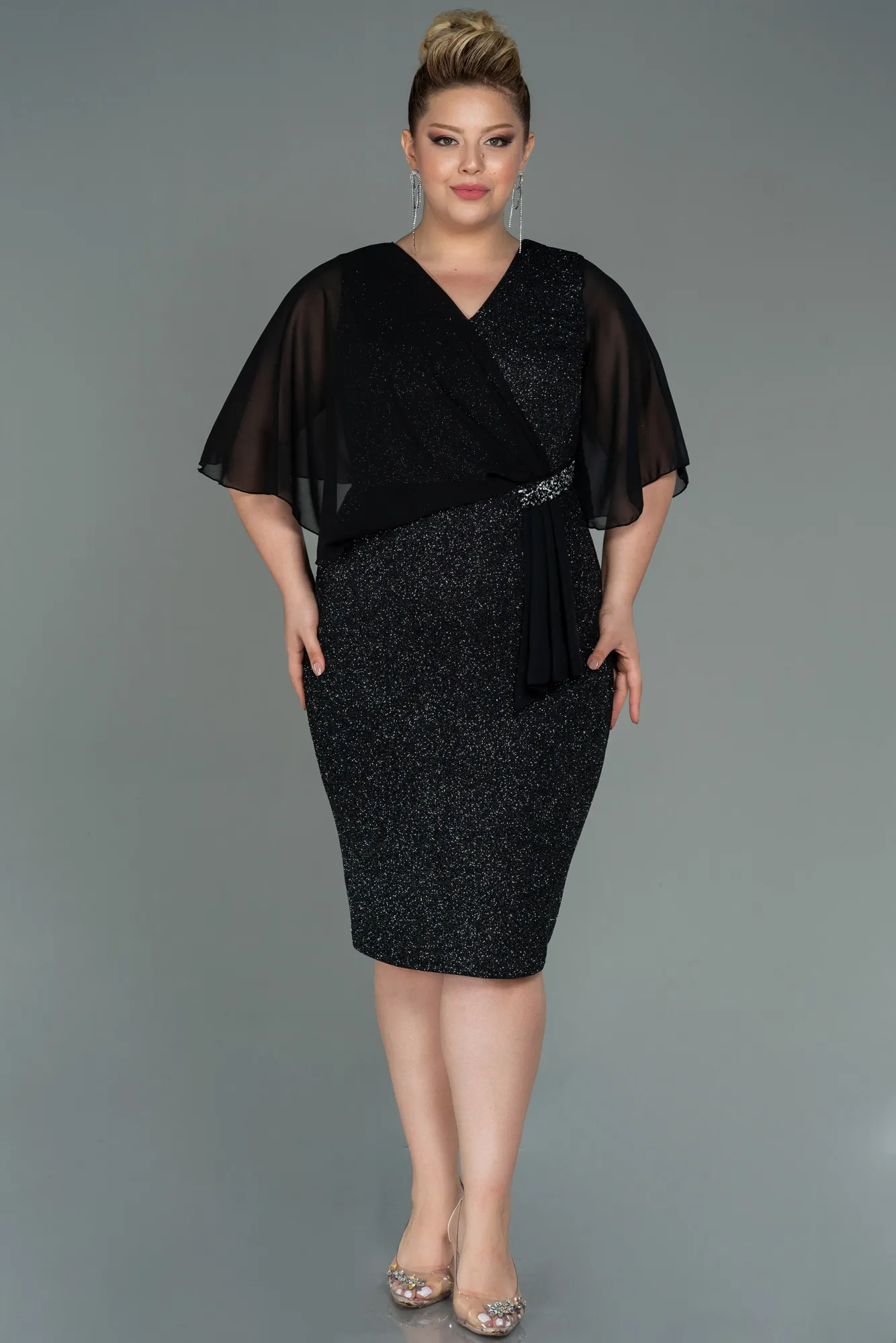 Black-Silver-Midi Plus Size Evening Dress ABK1567