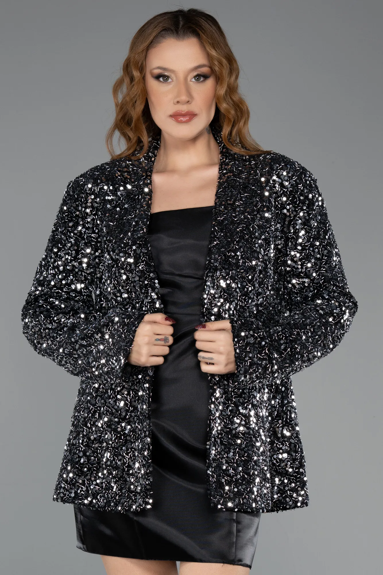Black-Silver-Sequined Velvet Evening Jacket CR5009