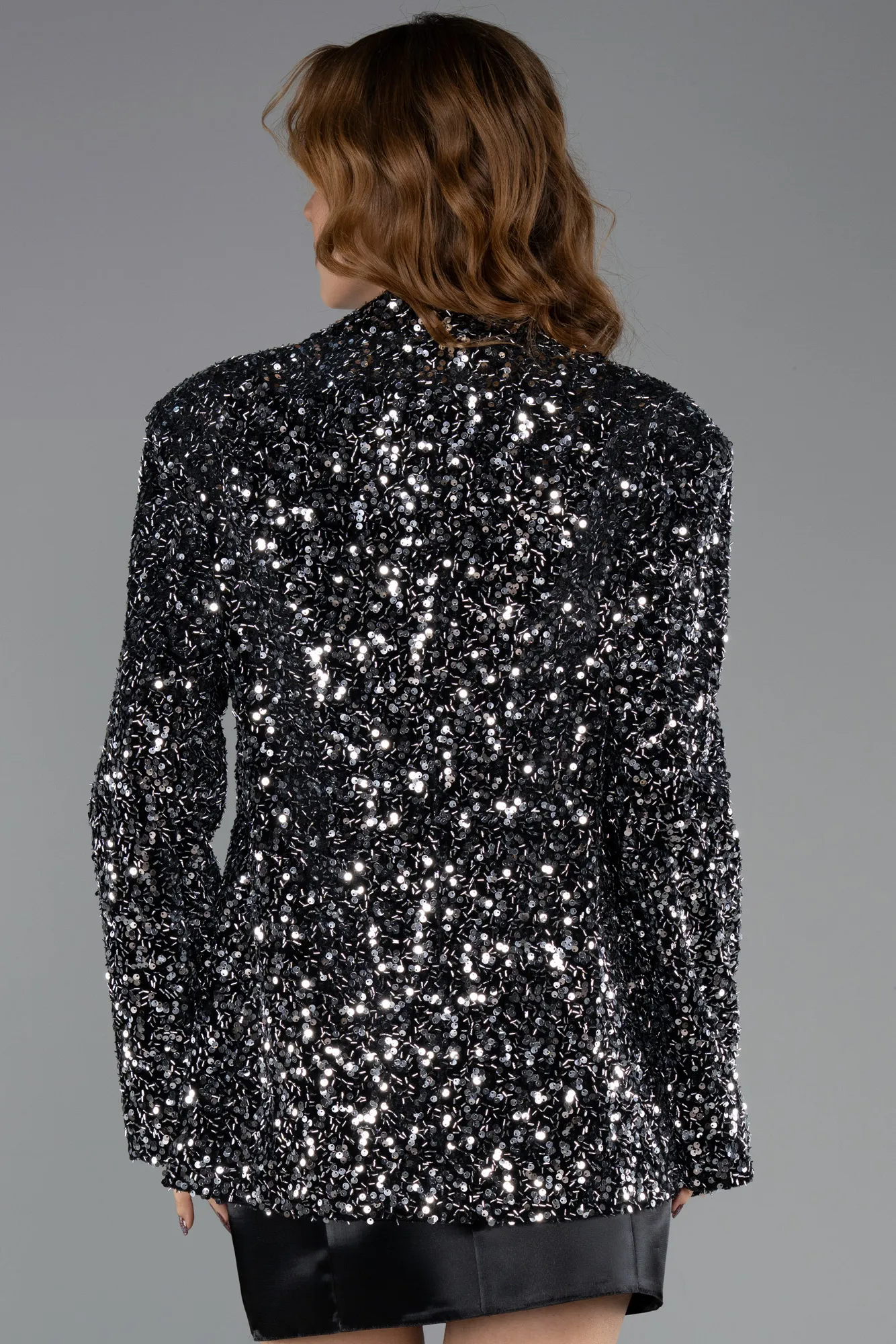 Black-Silver-Sequined Velvet Evening Jacket CR5009