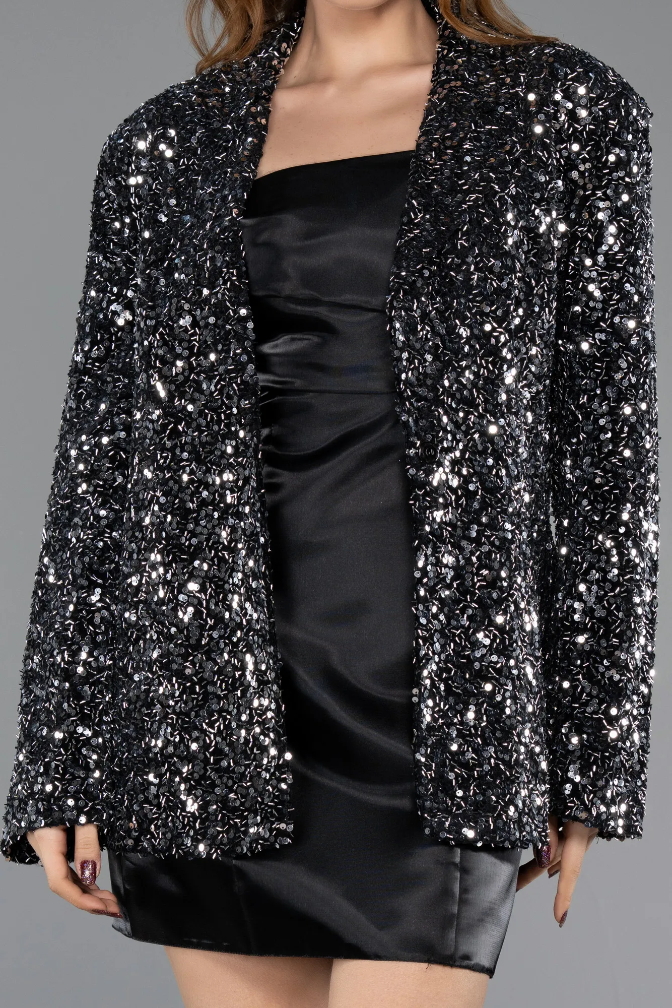 Black-Silver-Sequined Velvet Evening Jacket CR5009