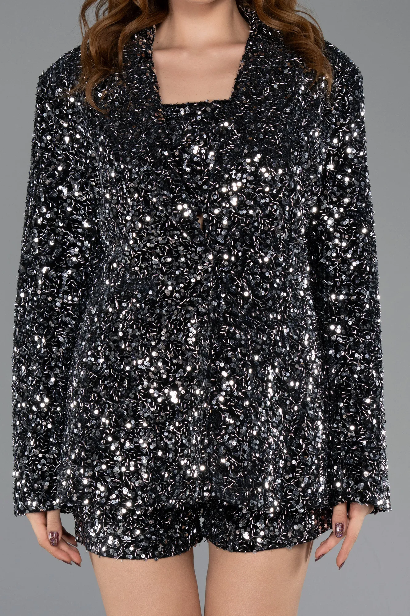 Black-Silver-Short Sequined Velvet Party Dress ABK2481