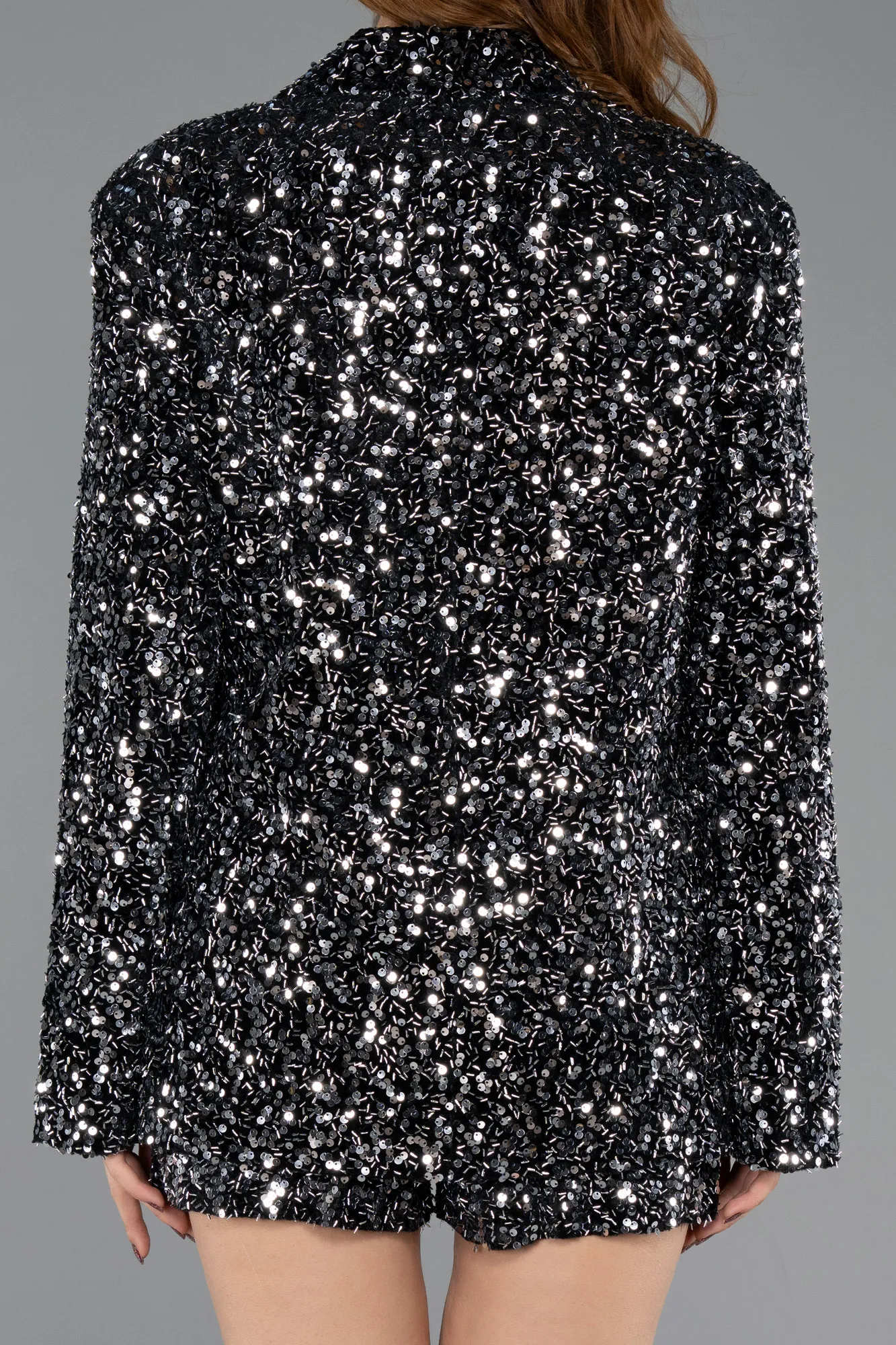 Black-Silver-Short Sequined Velvet Party Dress ABK2481