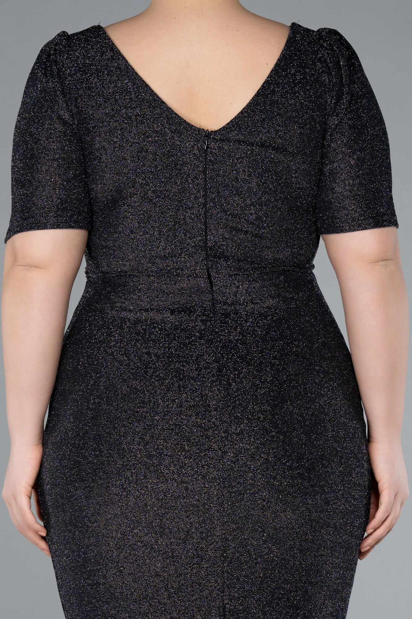 Black-Silver-Short Sleeve Midi Plus Size Evening Dress ABK2303