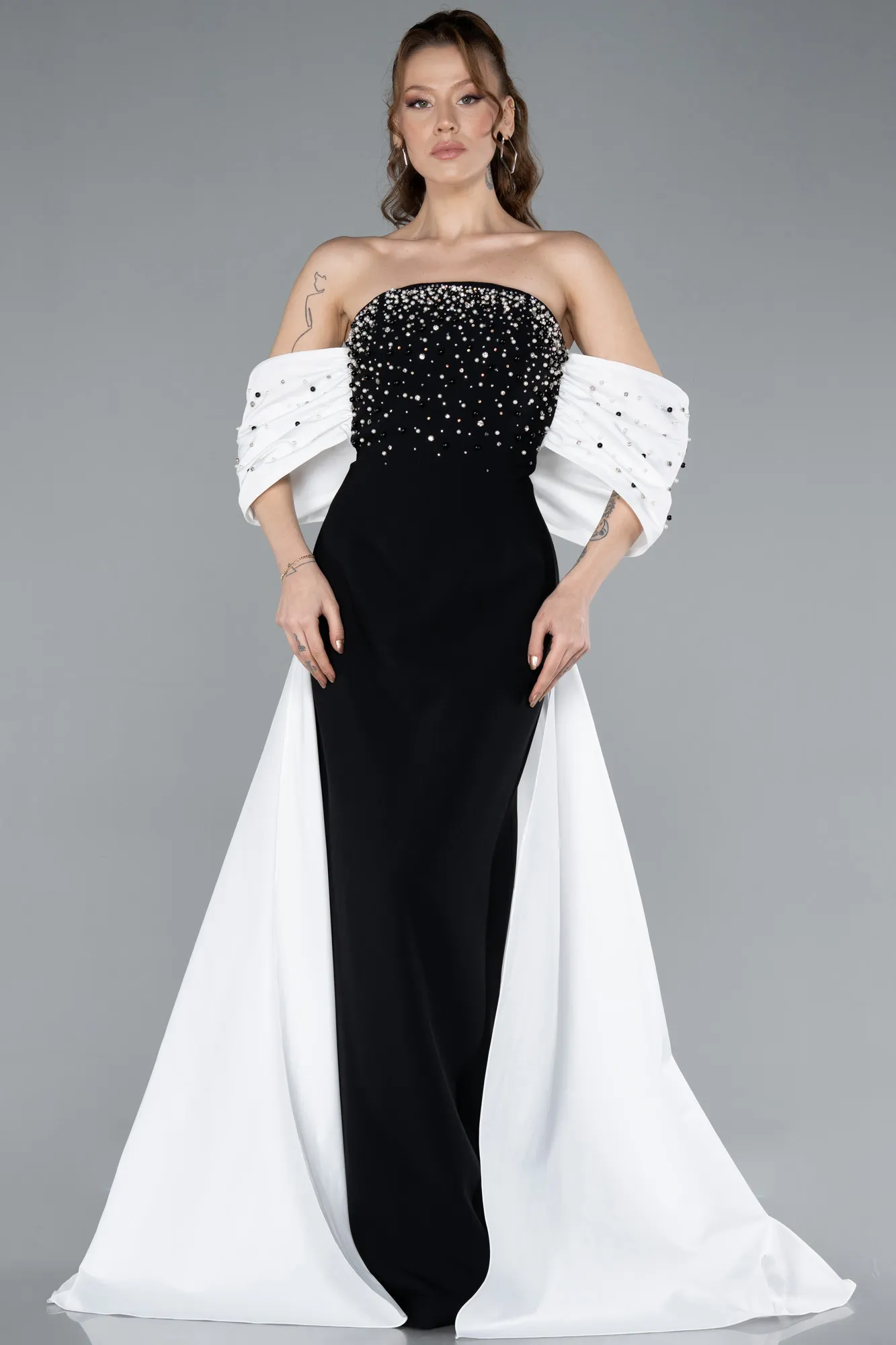 Black-White-Beaded Strapless Train Long Evening Gown ABU4701