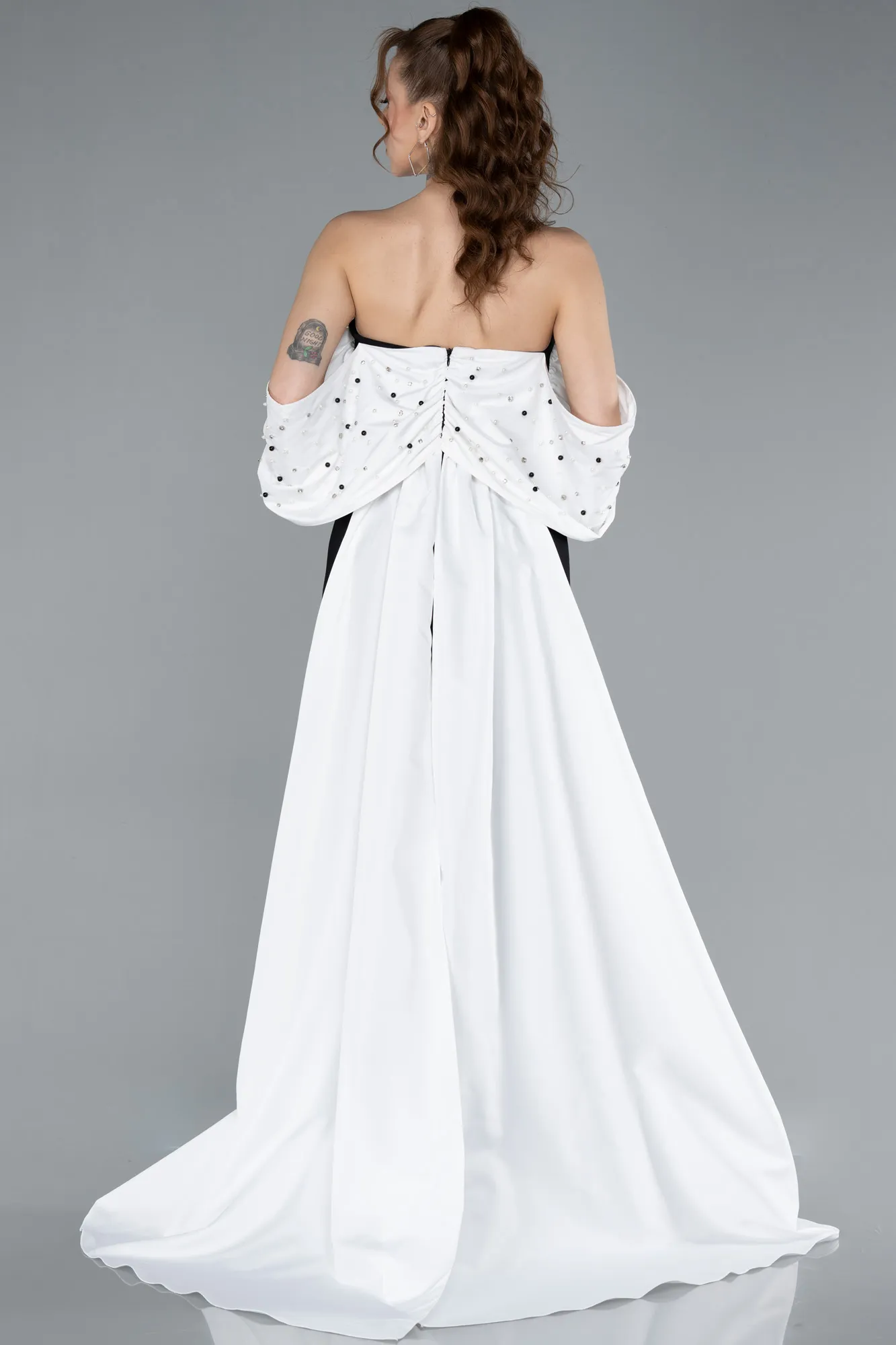 Black-White-Beaded Strapless Train Long Evening Gown ABU4701