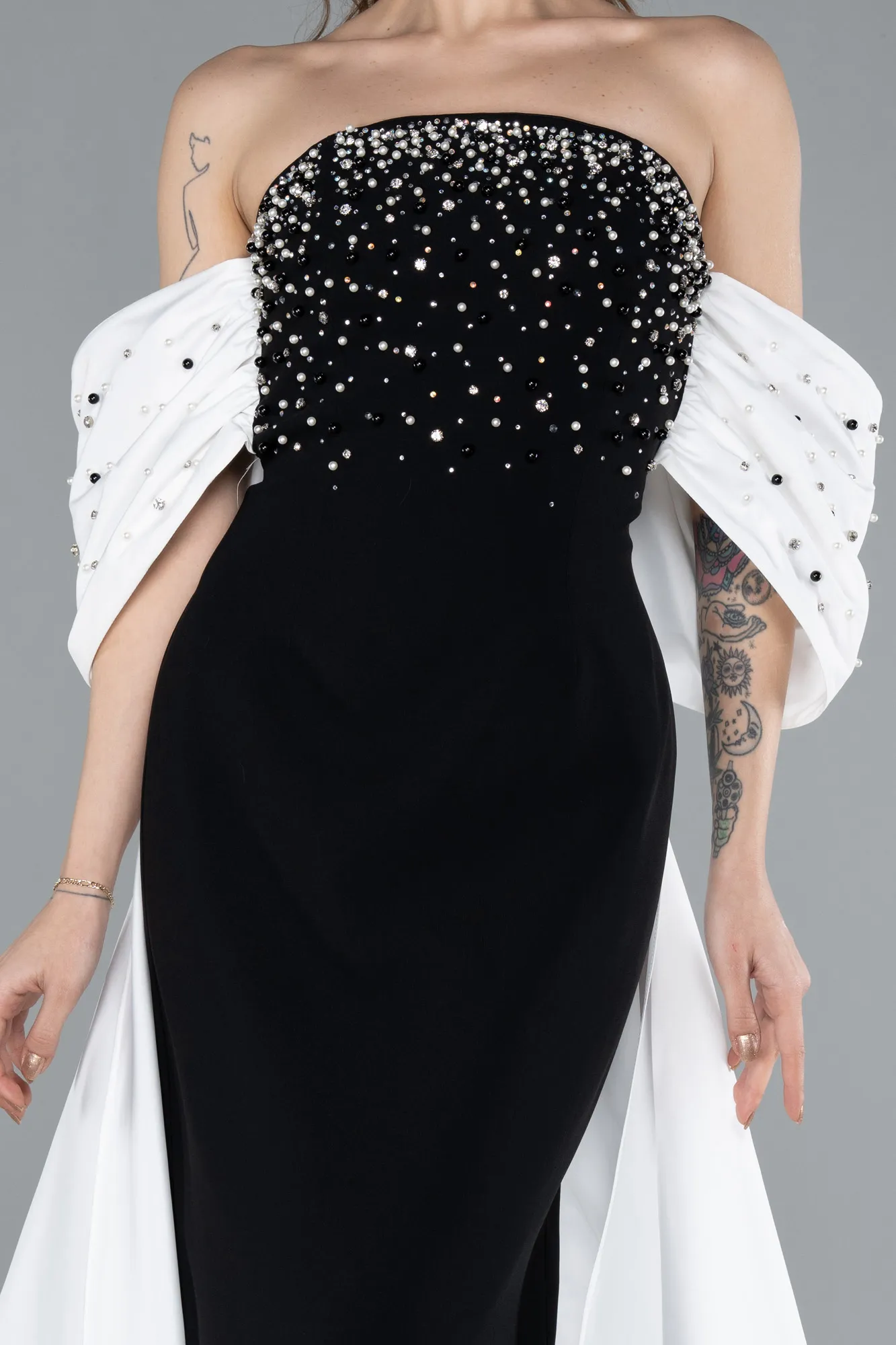 Black-White-Beaded Strapless Train Long Evening Gown ABU4701