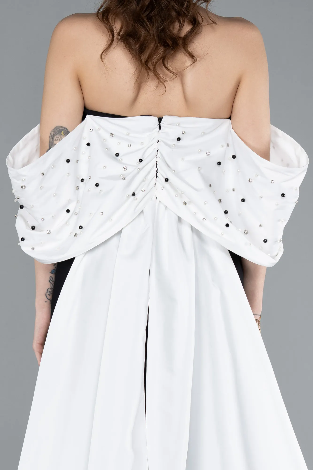 Black-White-Beaded Strapless Train Long Evening Gown ABU4701