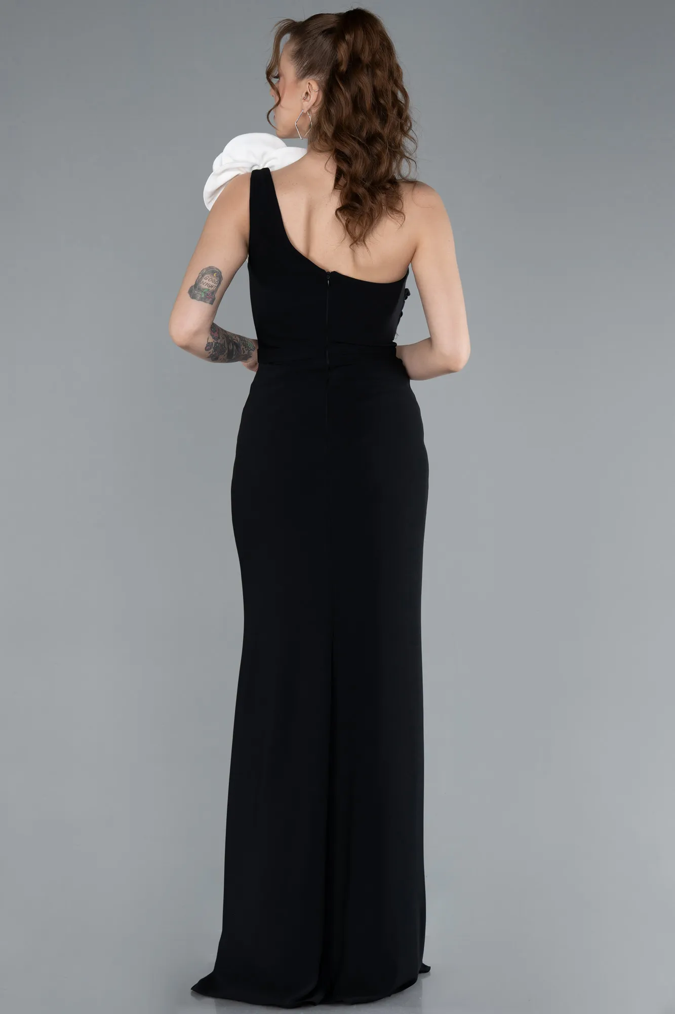 Black-White-Rose One Shoulder Slit Long Evening Gown ABU4695