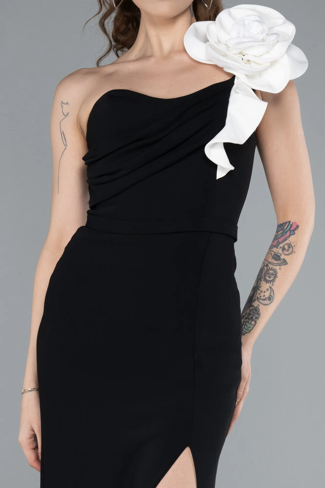 Black-White-Rose One Shoulder Slit Long Evening Gown ABU4695