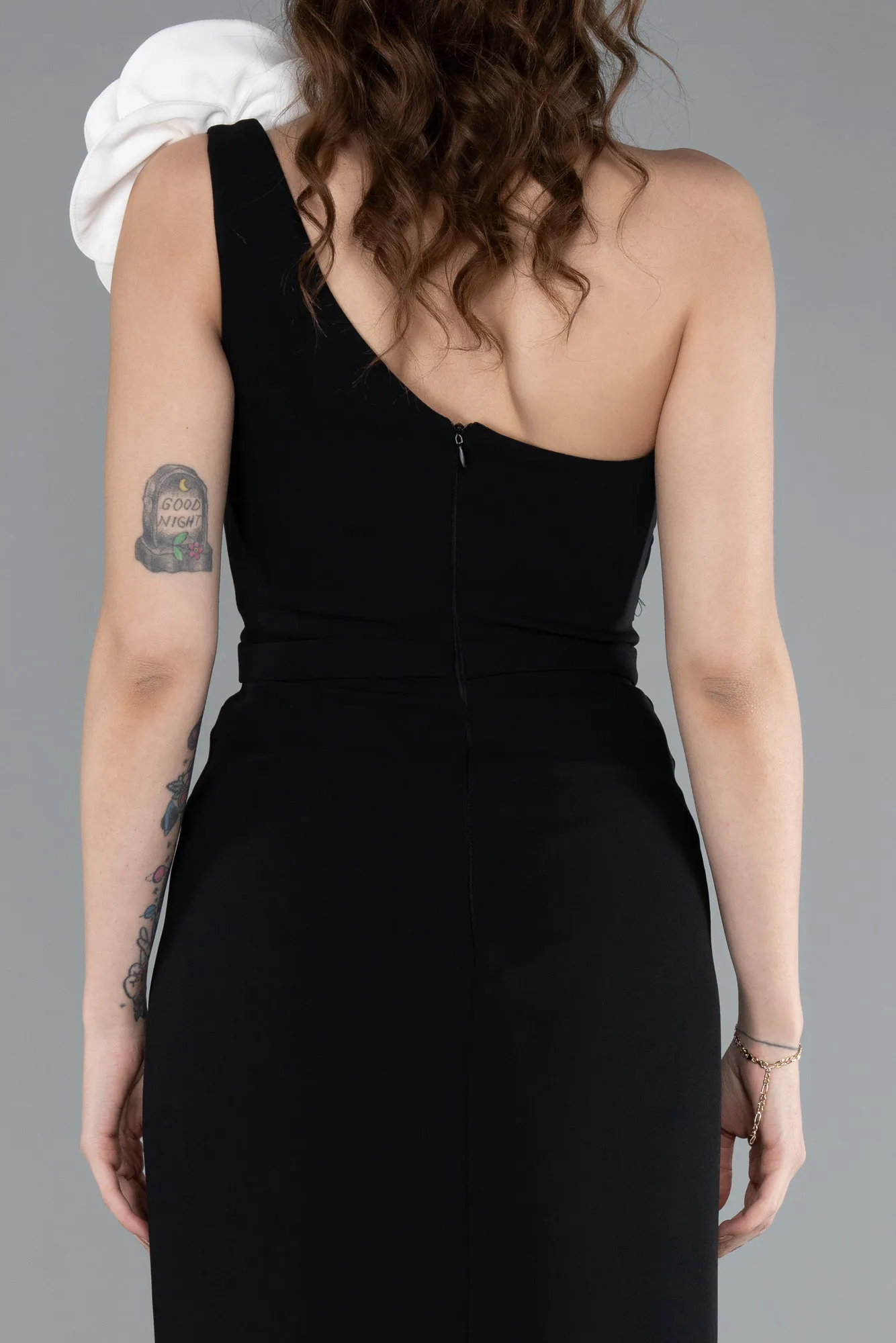 Black-White-Rose One Shoulder Slit Long Evening Gown ABU4695