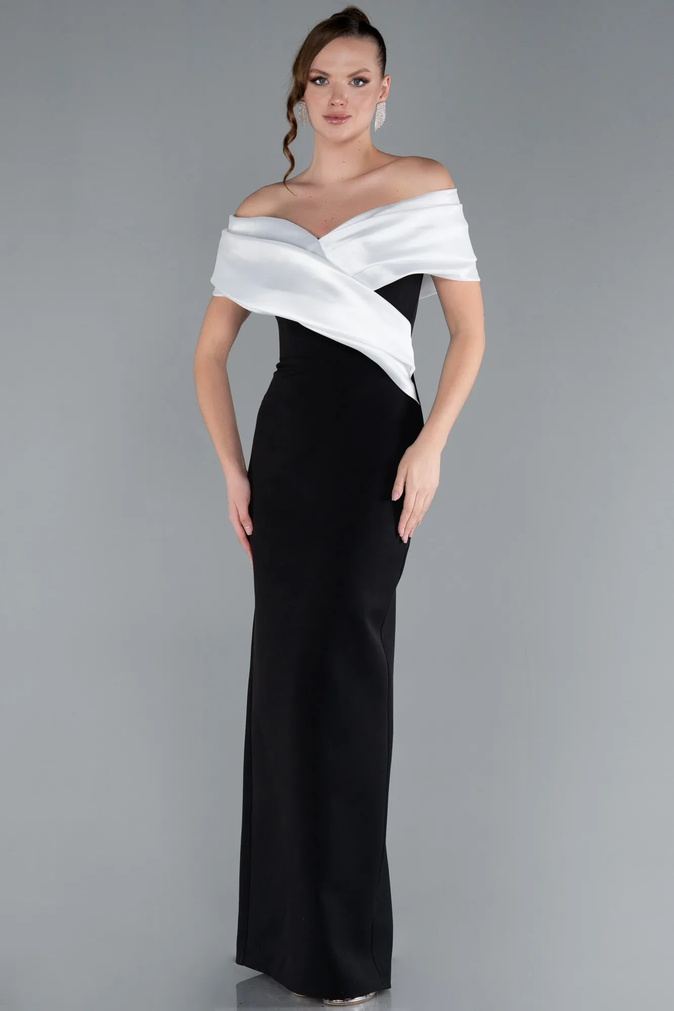 Black-White-Satin Boat Neck Long Mermaid Dress ABU4731