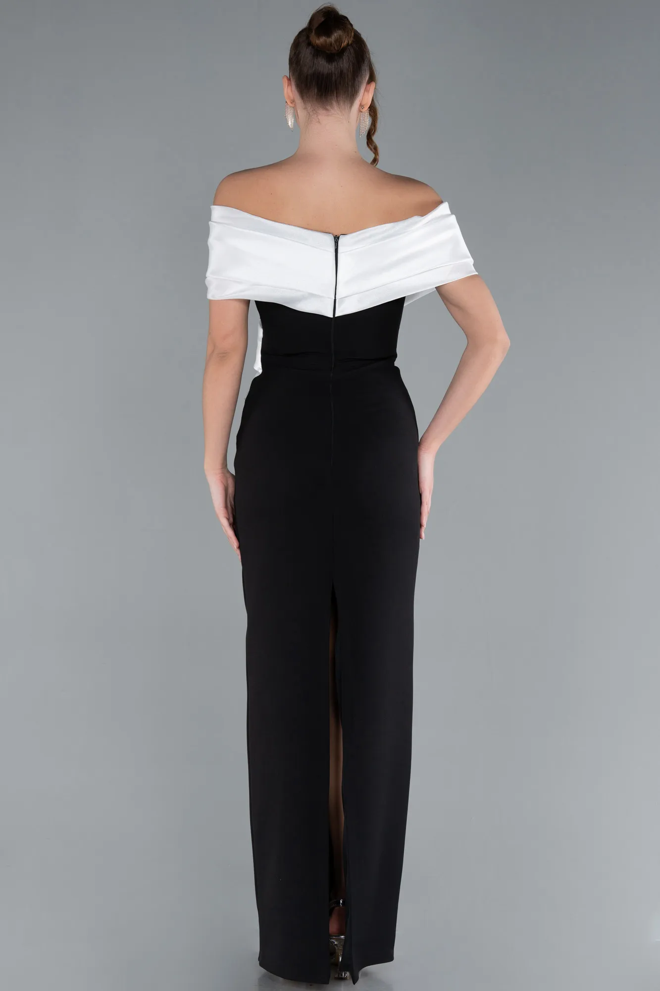 Black-White-Satin Boat Neck Long Mermaid Dress ABU4731