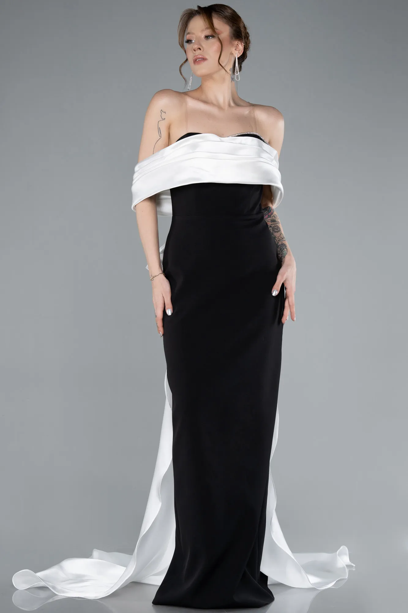 Black-White-Satin Boat Neck Tail Long Mermaid Evening Dress ABU4797