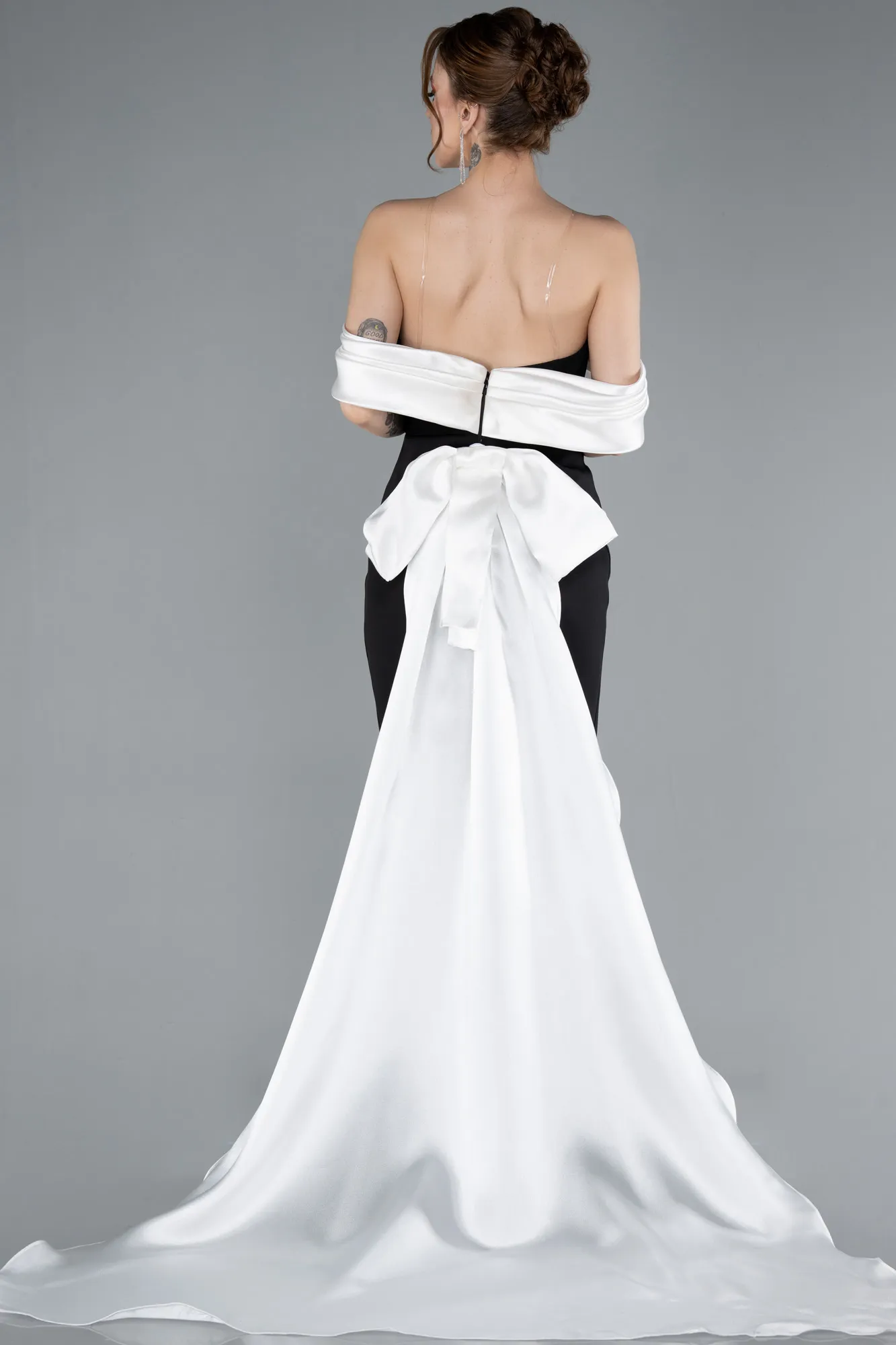 Black-White-Satin Boat Neck Tail Long Mermaid Evening Dress ABU4797