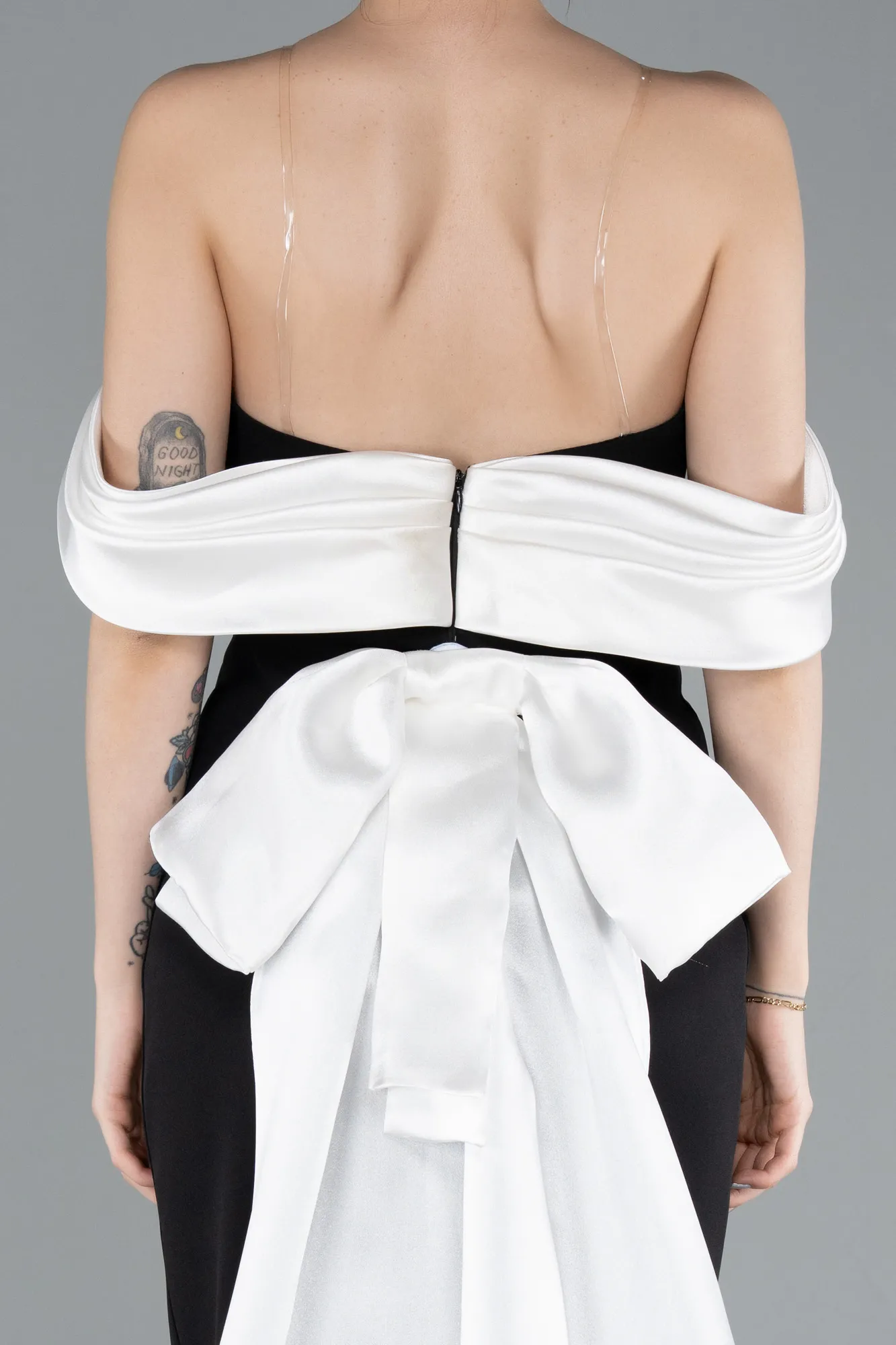 Black-White-Satin Boat Neck Tail Long Mermaid Evening Dress ABU4797