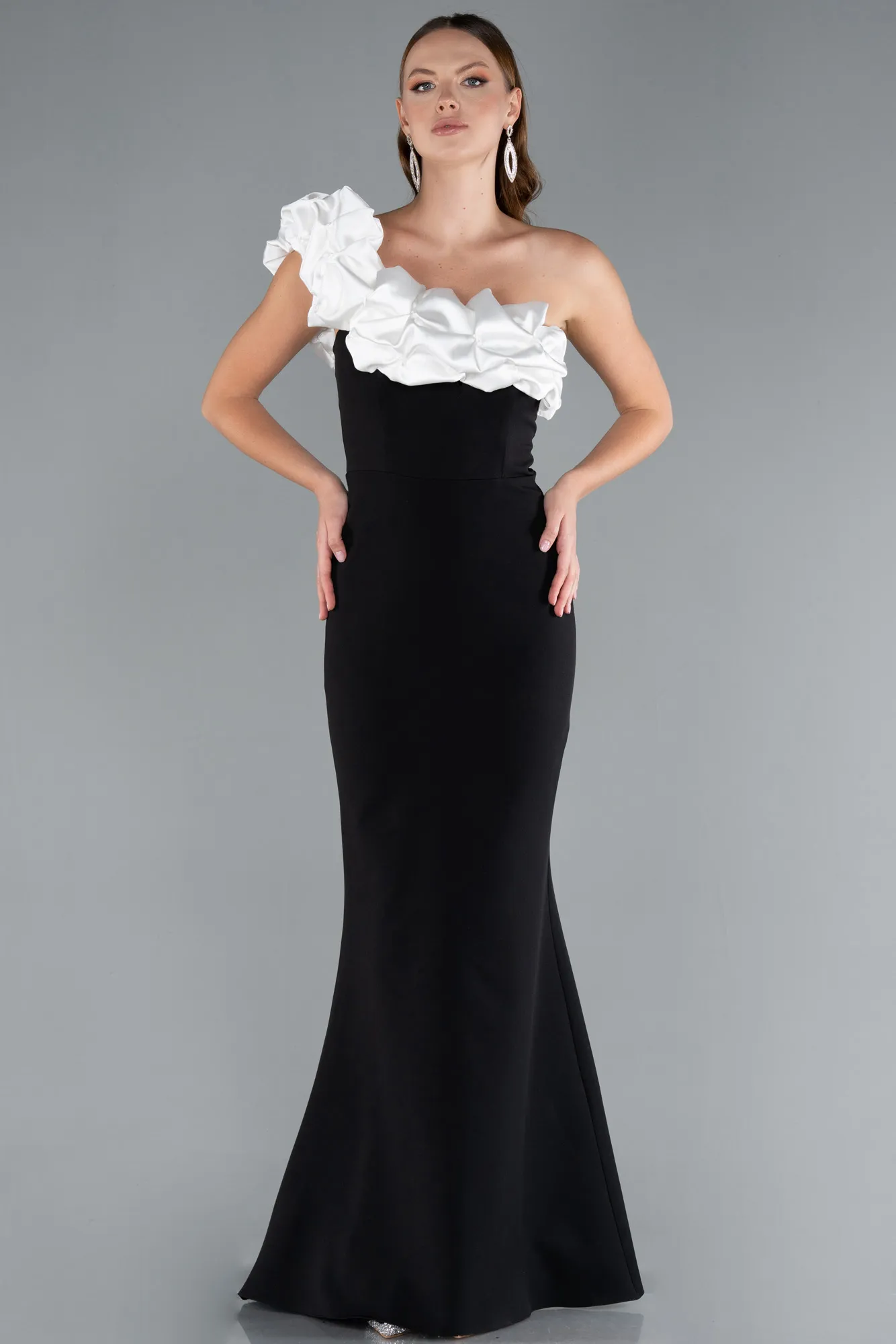 Black-White-Satin One Shoulder Long Mermaid Evening Dress ABU4844