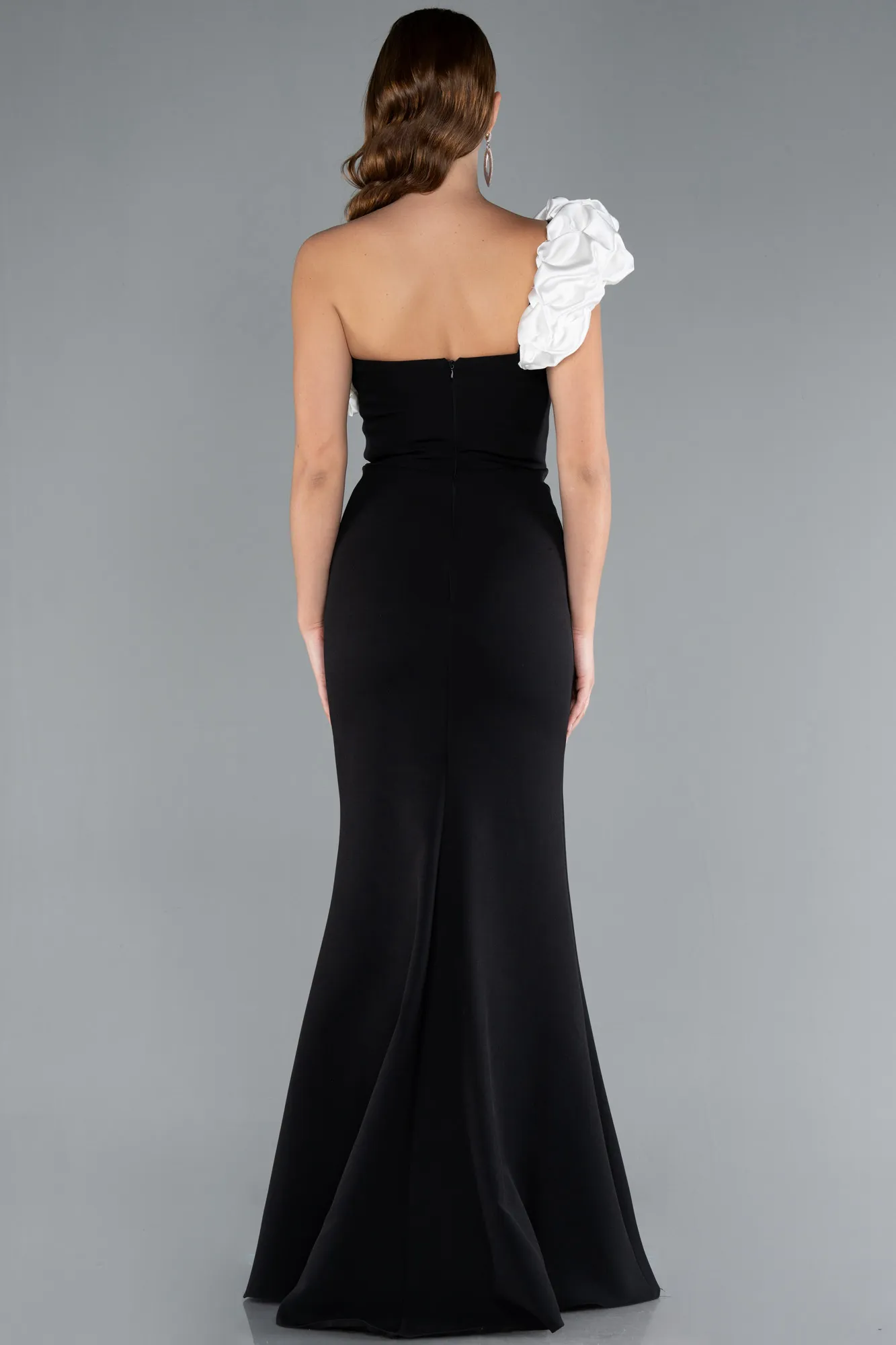 Black-White-Satin One Shoulder Long Mermaid Evening Dress ABU4844