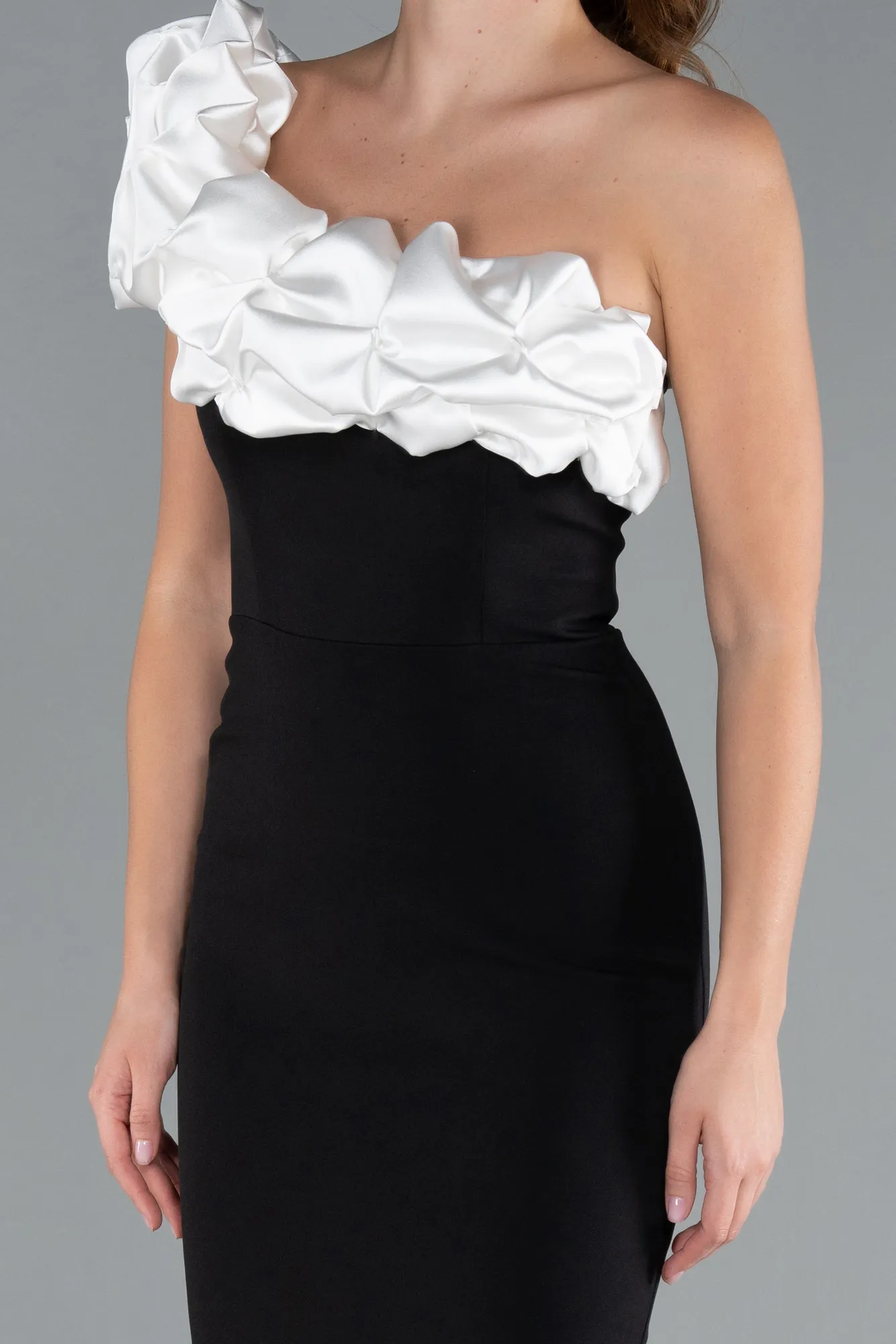 Black-White-Satin One Shoulder Long Mermaid Evening Dress ABU4844