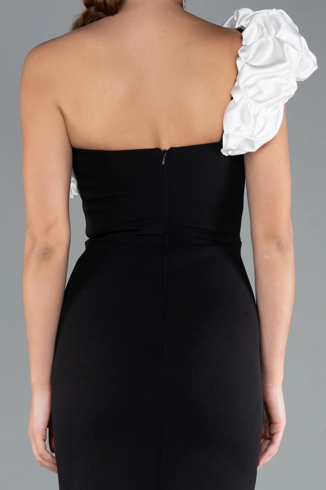 Black-White-Satin One Shoulder Long Mermaid Evening Dress ABU4844