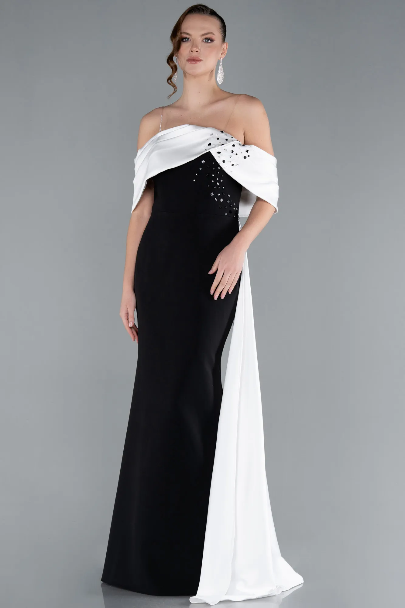 Black-White-Satin Stone Boat Neck Tail Long Evening Gown ABU4728