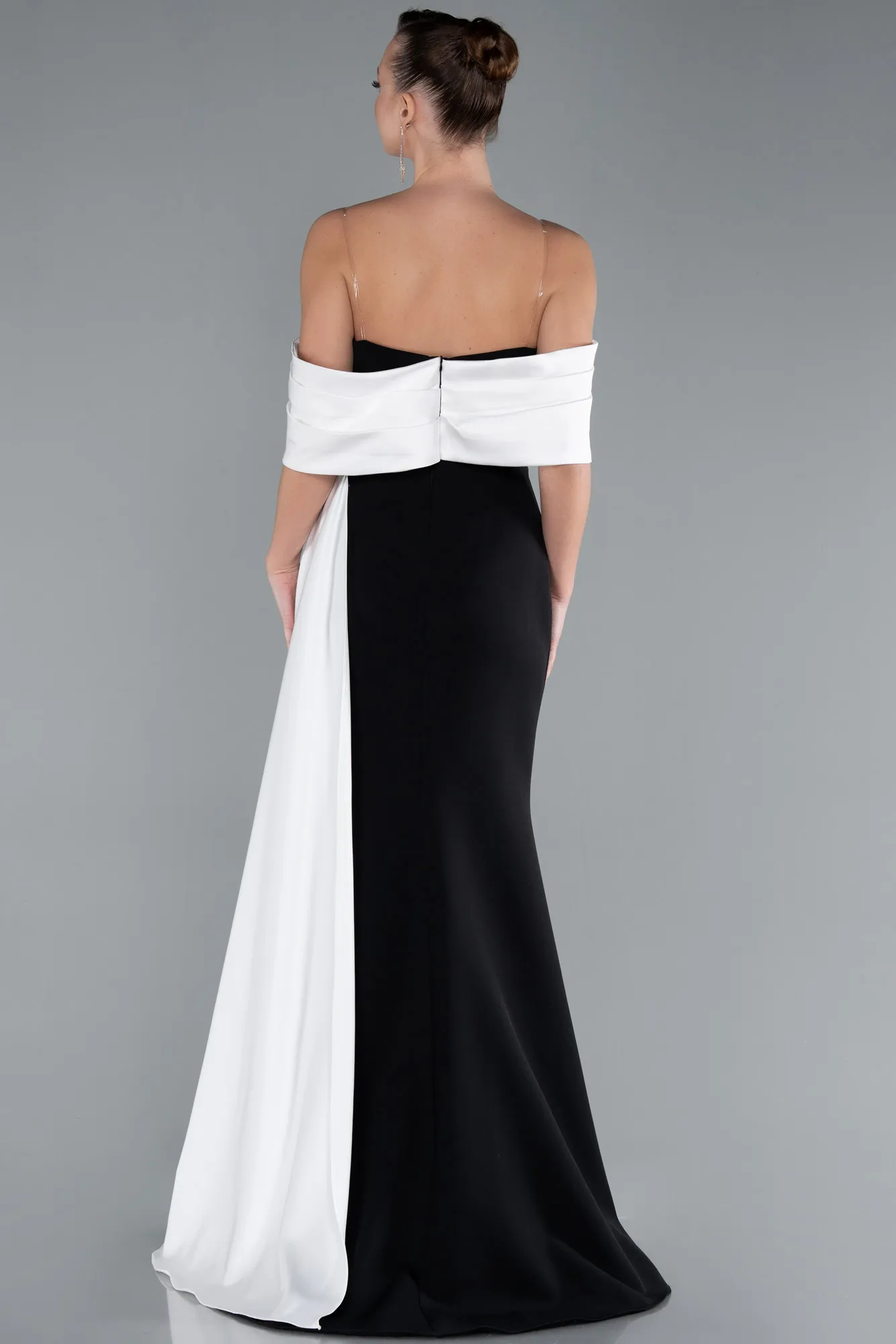 Black-White-Satin Stone Boat Neck Tail Long Evening Gown ABU4728