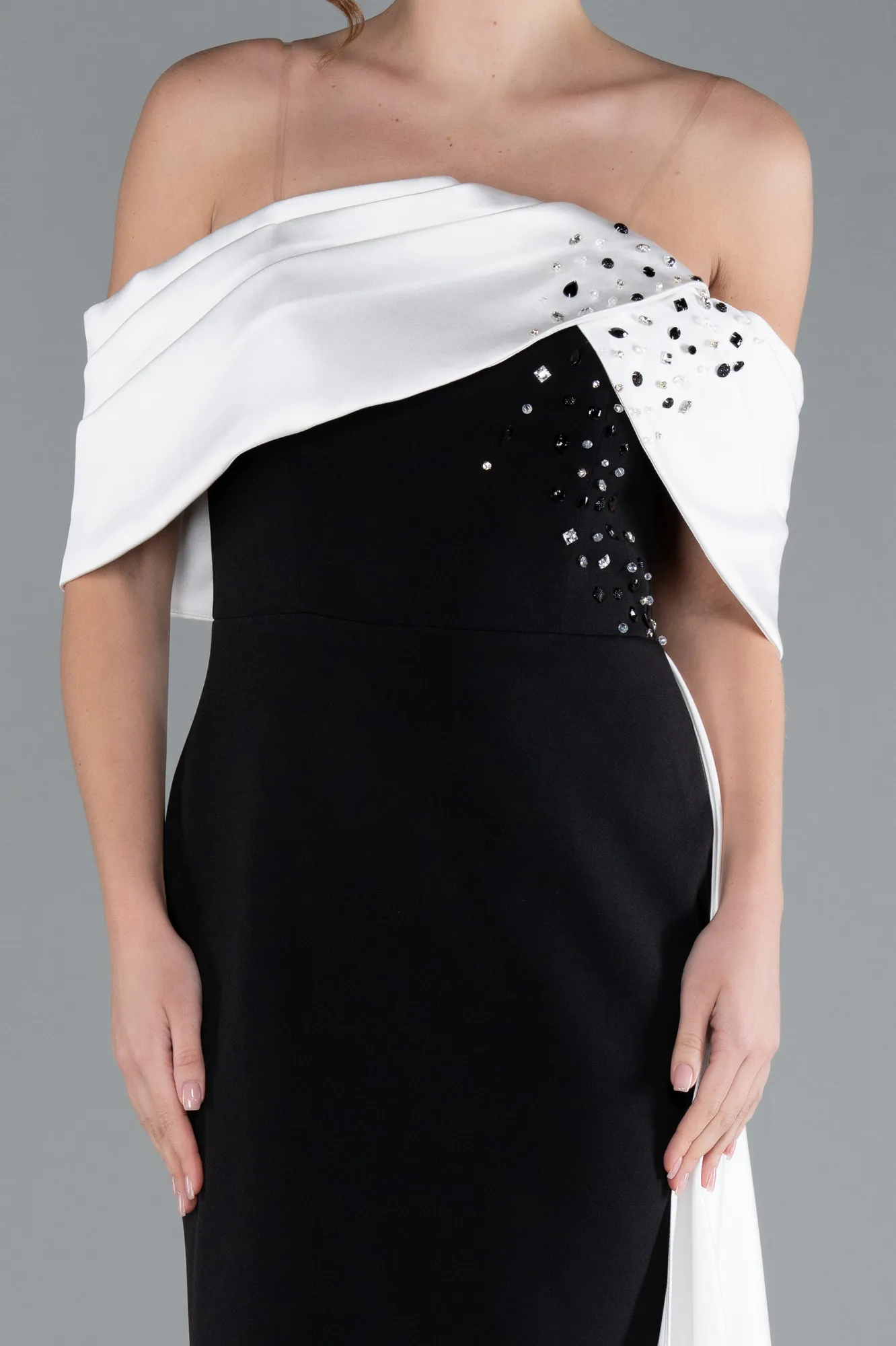 Black-White-Satin Stone Boat Neck Tail Long Evening Gown ABU4728